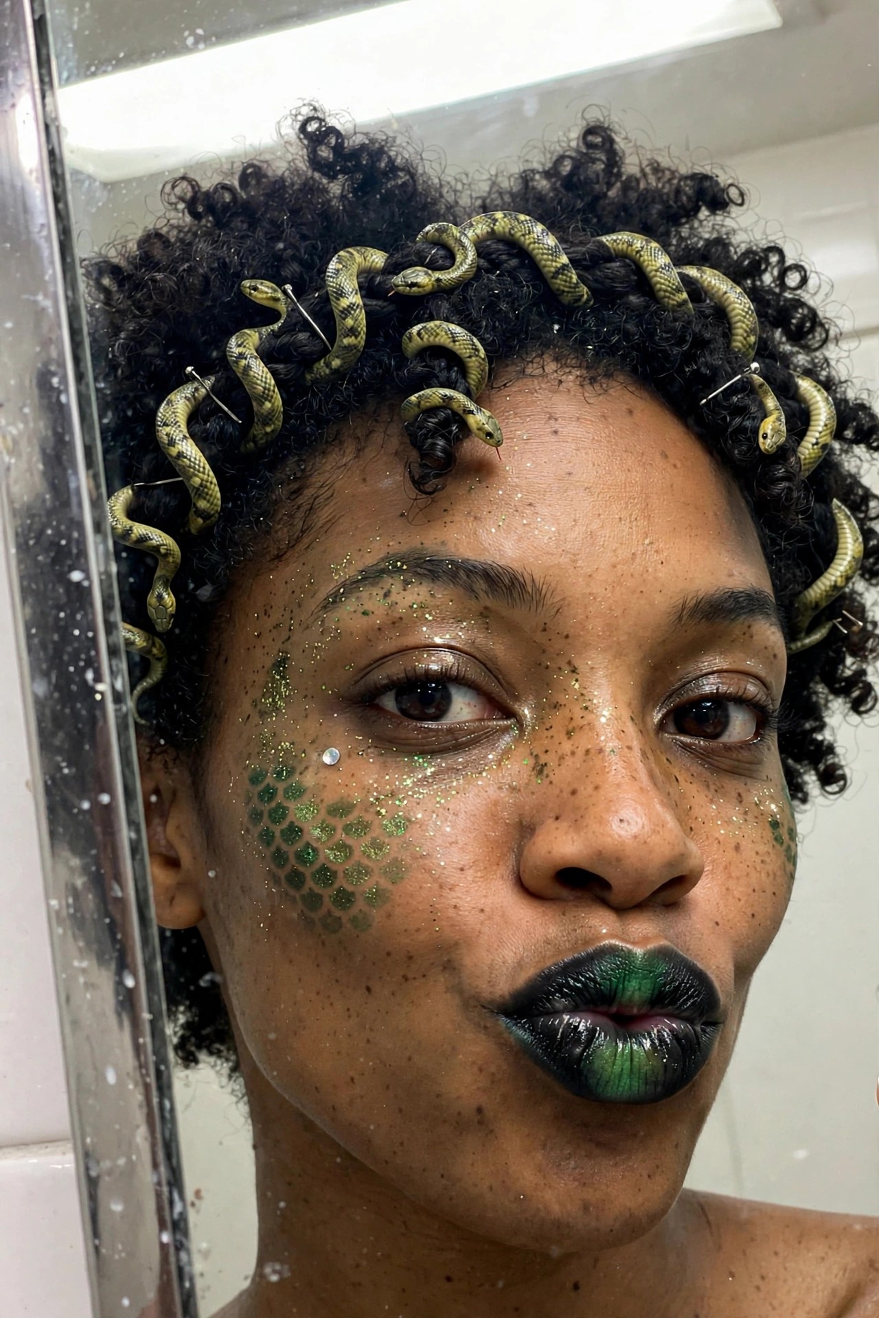 Close up of Medusa makeup with green glitter scales on the cheek, black and green gradient lips, scattered glitter on the face, and small snakes pinned into curly hair.