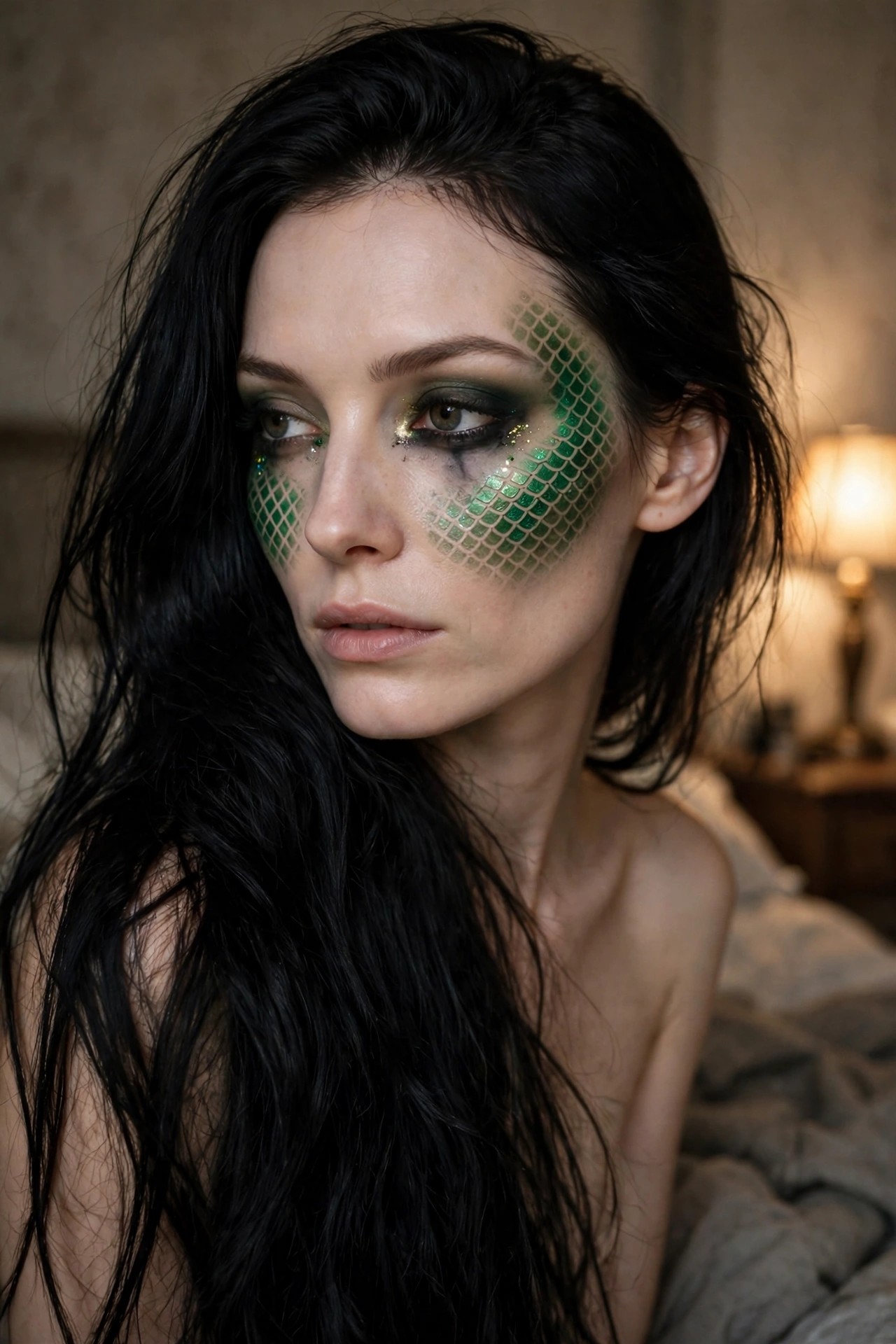 Close up of green scale pattern makeup covering the right cheek and temple with dark smoky eyes and scattered gold glitter accents.