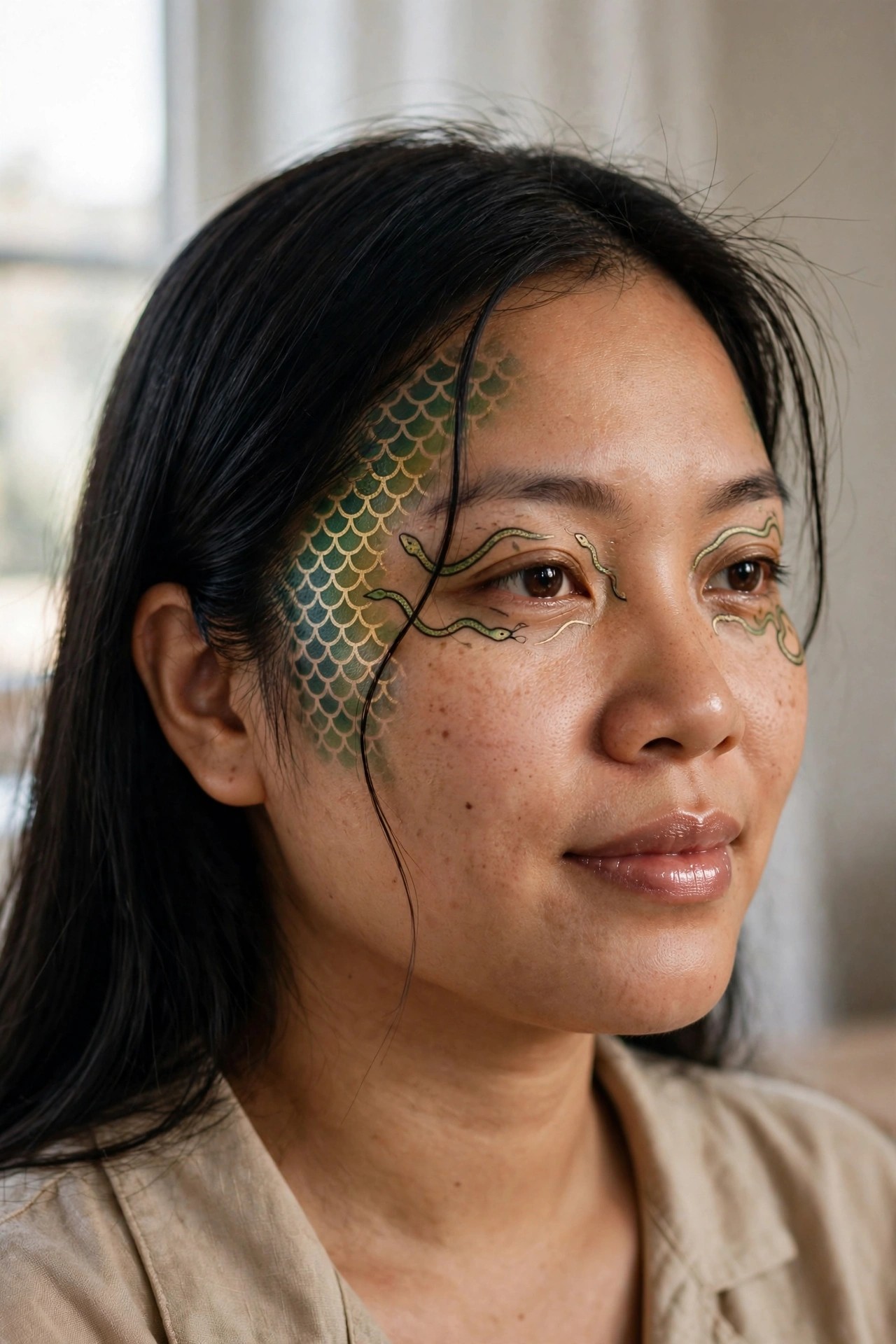 Close up of a woman wearing green and gold scale face paint on her left cheek and temple with small snake designs painted around both eyes in a Medusa makeup style.