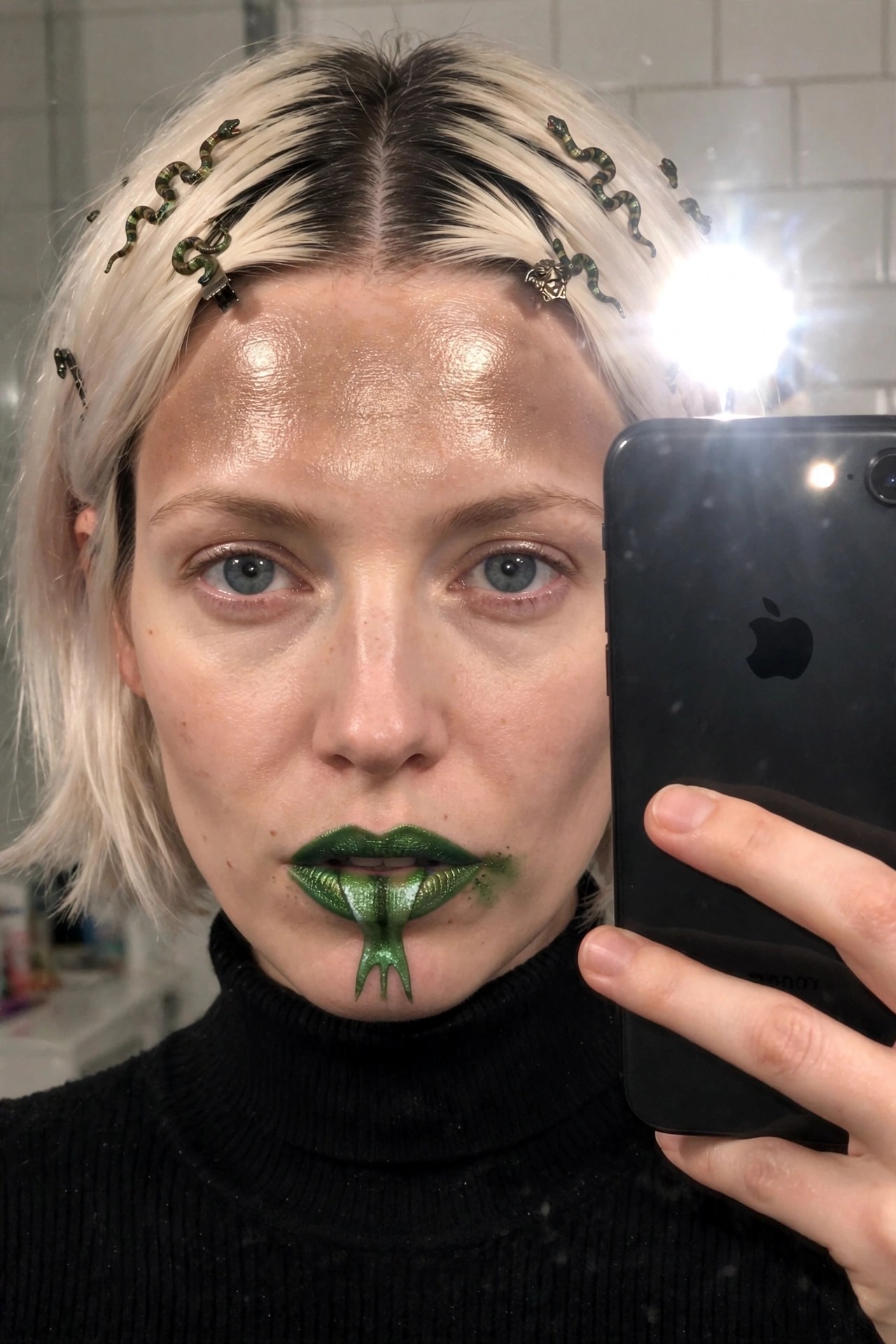 Close up of green metallic lipstick shaped into a dripping serpent tongue design with snake hair clips in blonde bob hair.