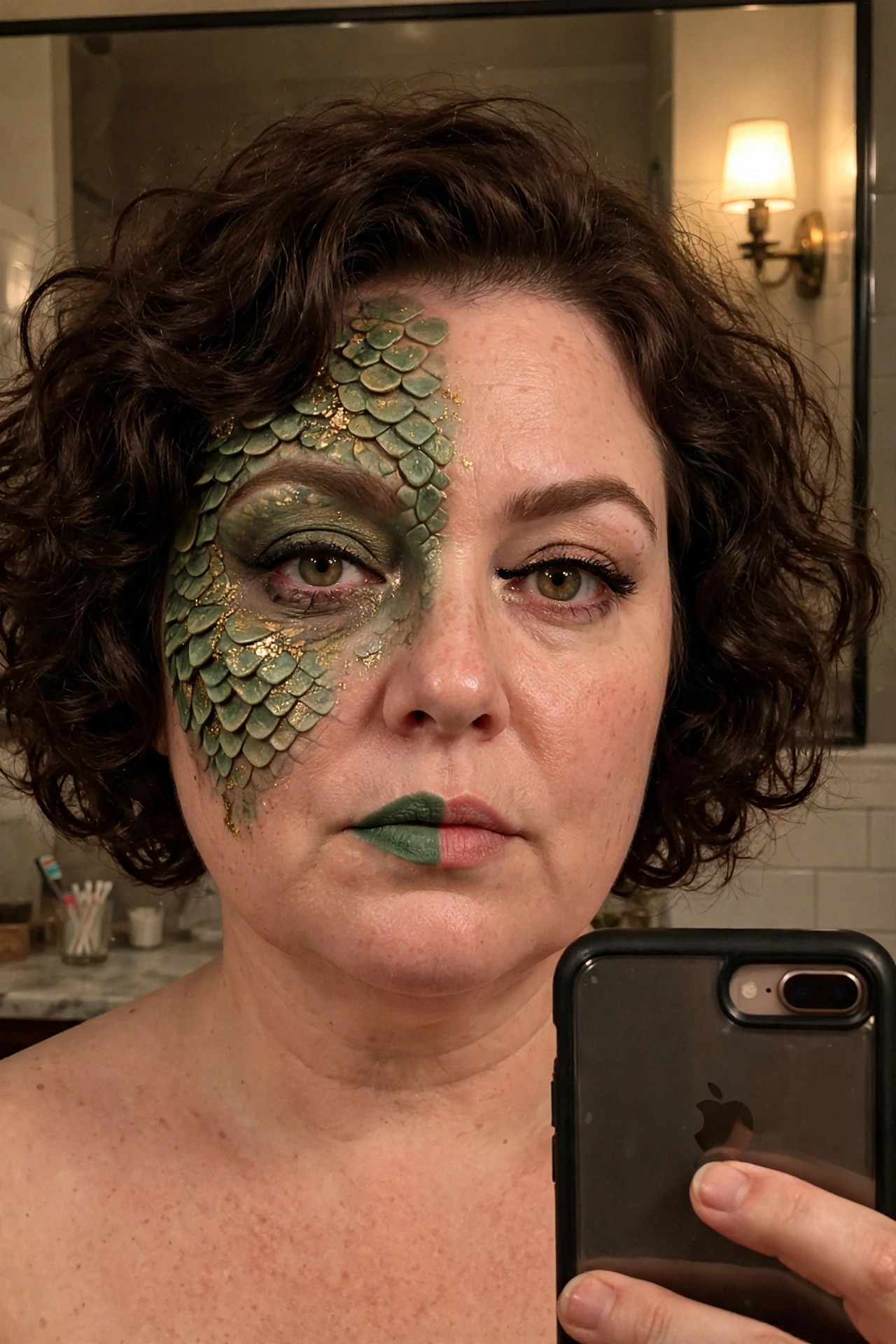 Close up of a woman with dark curly hair showing half face Medusa makeup with green scales and gold accents on the left side and split green lipstick.