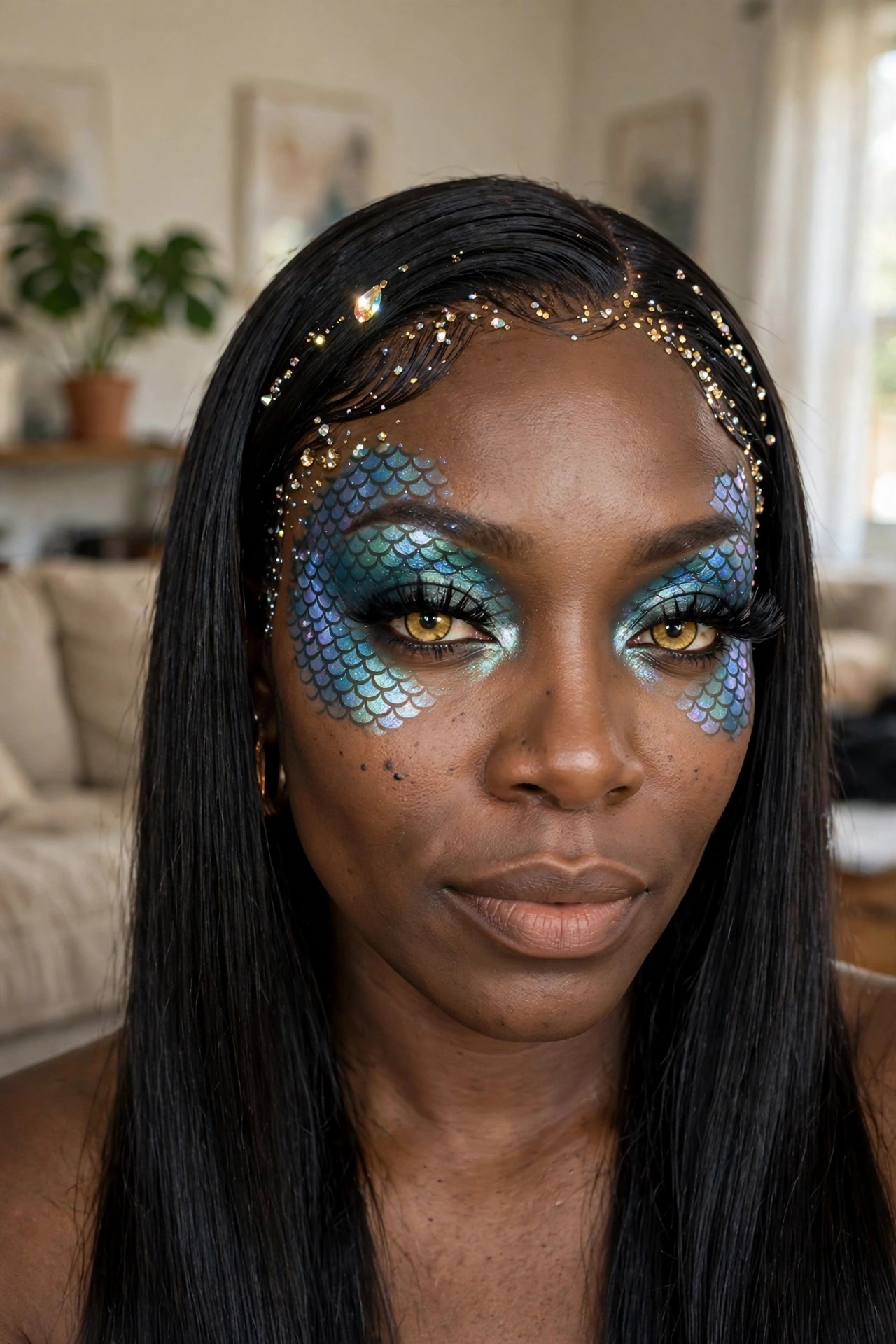 Close up of Medusa style eye makeup with blue green scale patterns, glitter accents, and small rhinestones along the forehead and hairline.