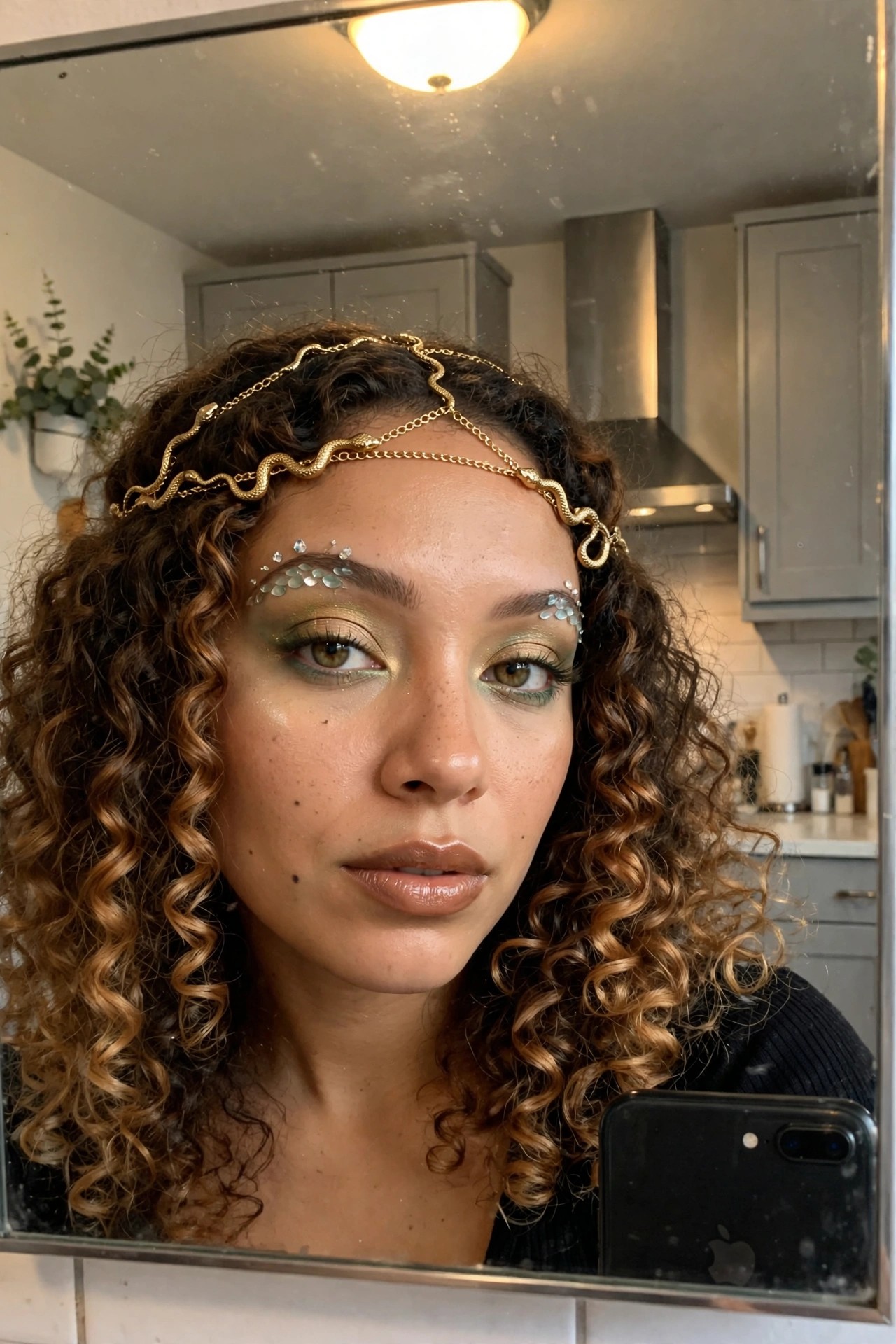 Close up of Medusa eye makeup featuring green and gold eyeshadow with scale shaped jewels and rhinestones above the eyes, paired with a gold snake headpiece across the forehead.