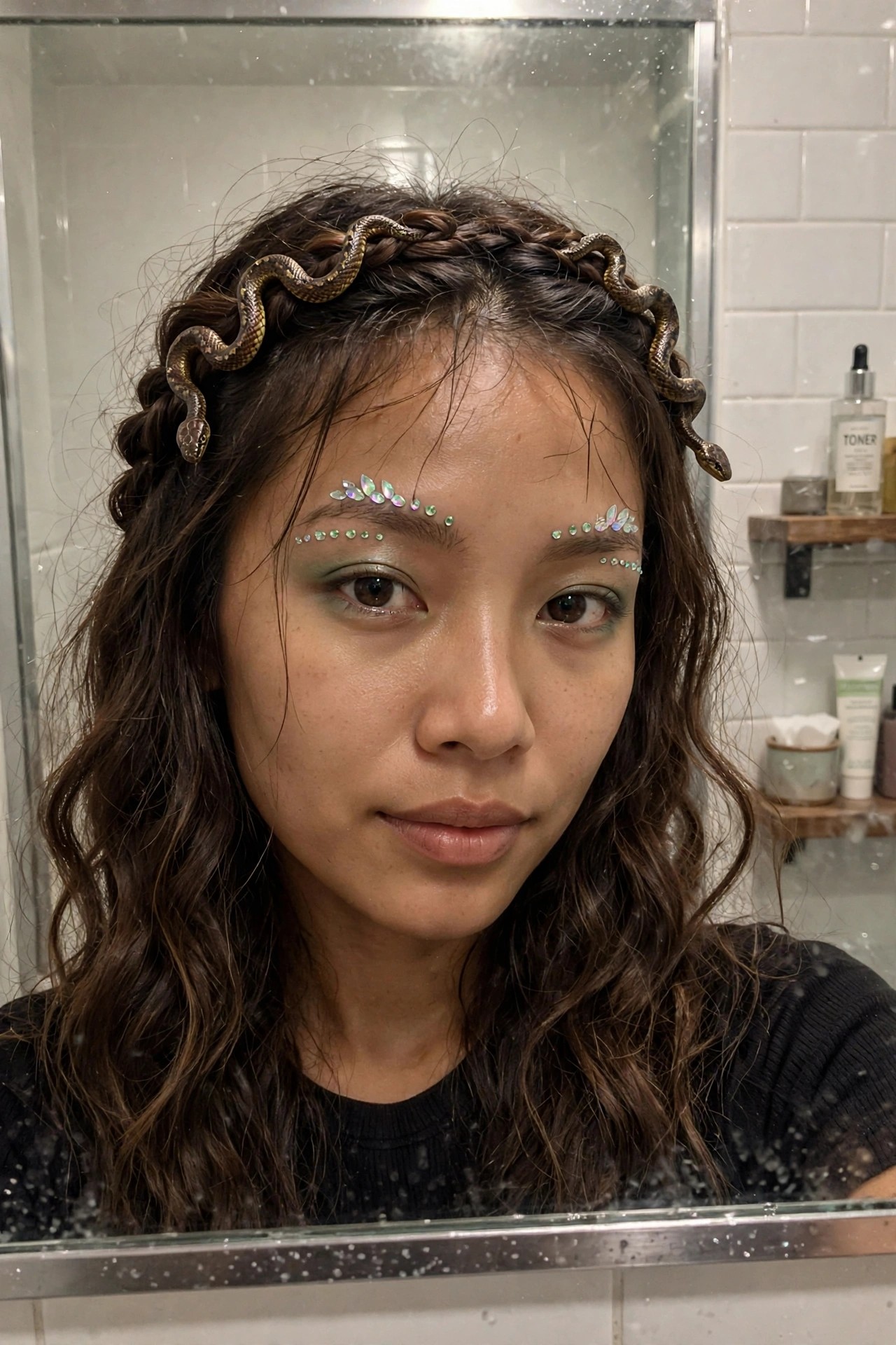 Close-up of Medusa makeup with green eyeshadow and iridescent rhinestones arranged above the brows in a scale pattern.