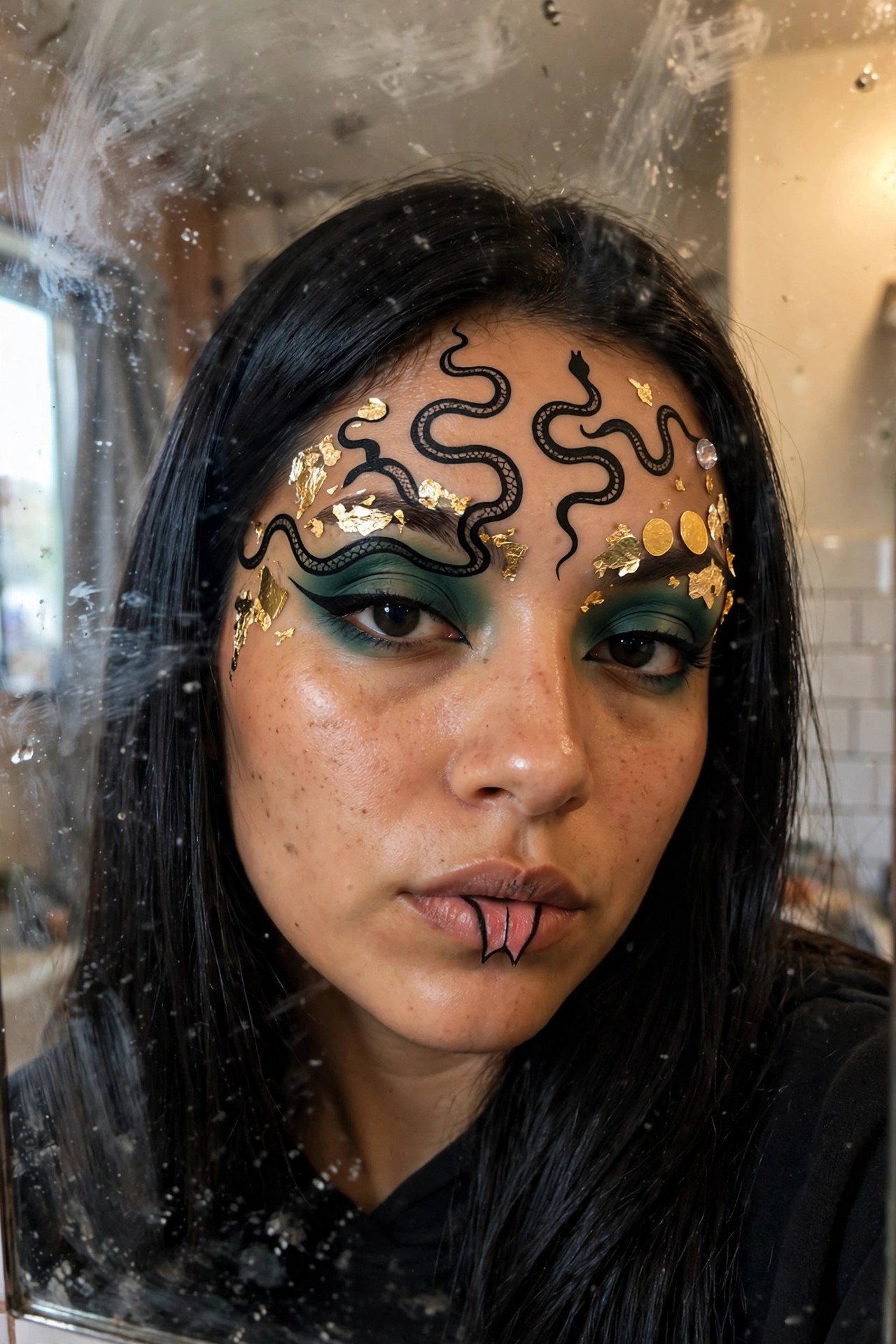 Close up of Medusa makeup featuring black snake outlines across the forehead green smoky eyeshadow gold leaf accents and a small snake design on the lower lip.