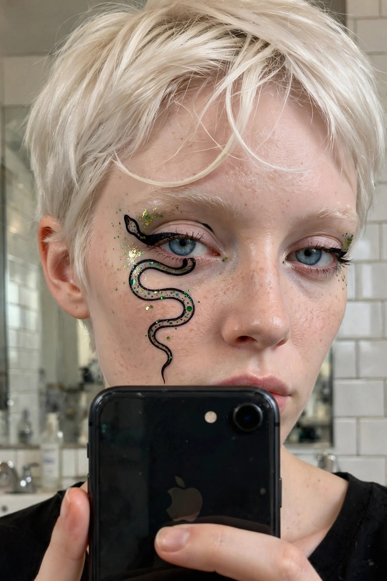 Close up of snake shaped black liner with green glitter accents curving down one cheek and scattered glitter near both eyes on short blonde hair.