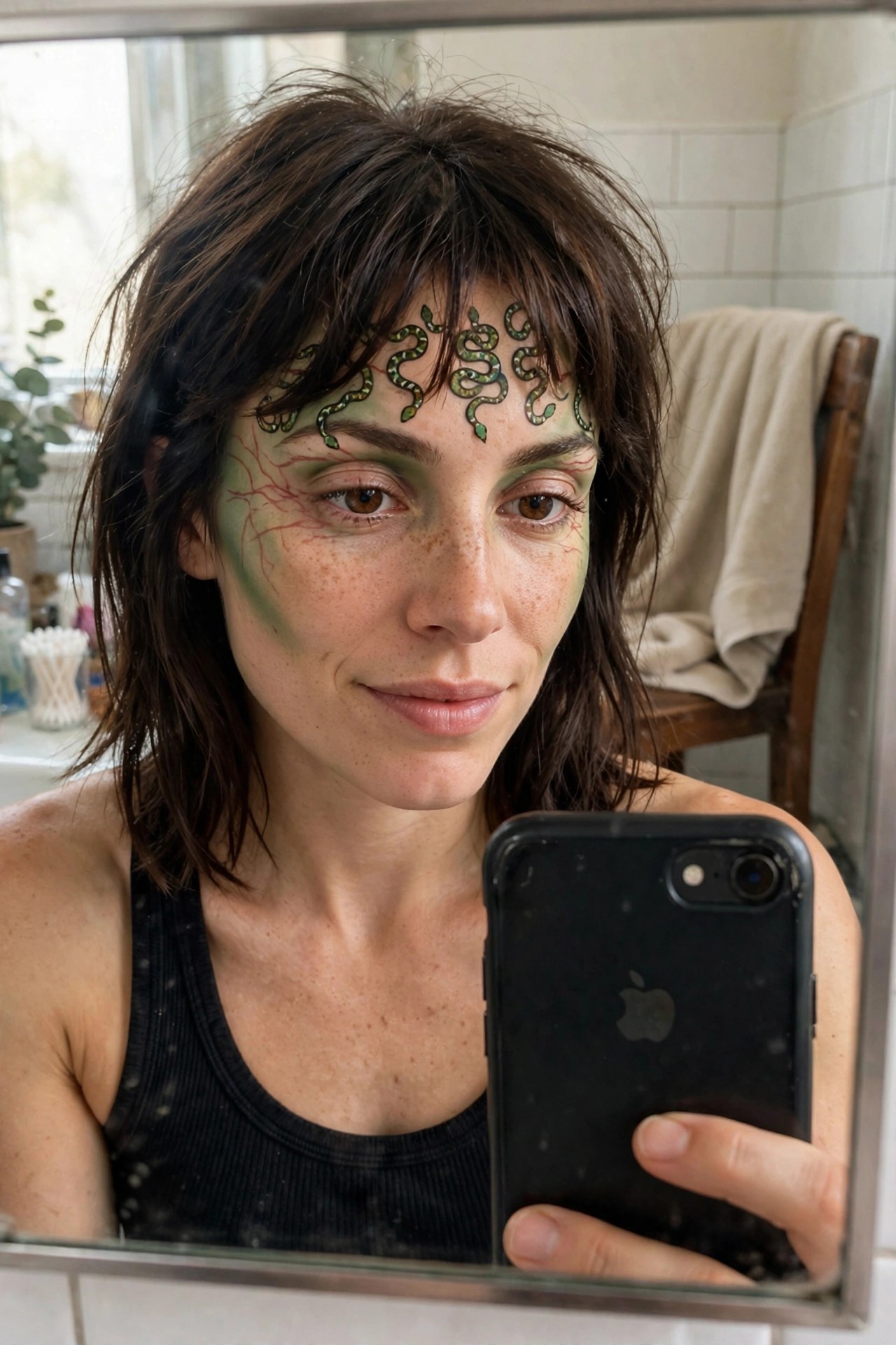 Close up mirror selfie of a woman with dark brown hair wearing green face paint green snakes painted across her forehead and red vein lines extending from her eyes.