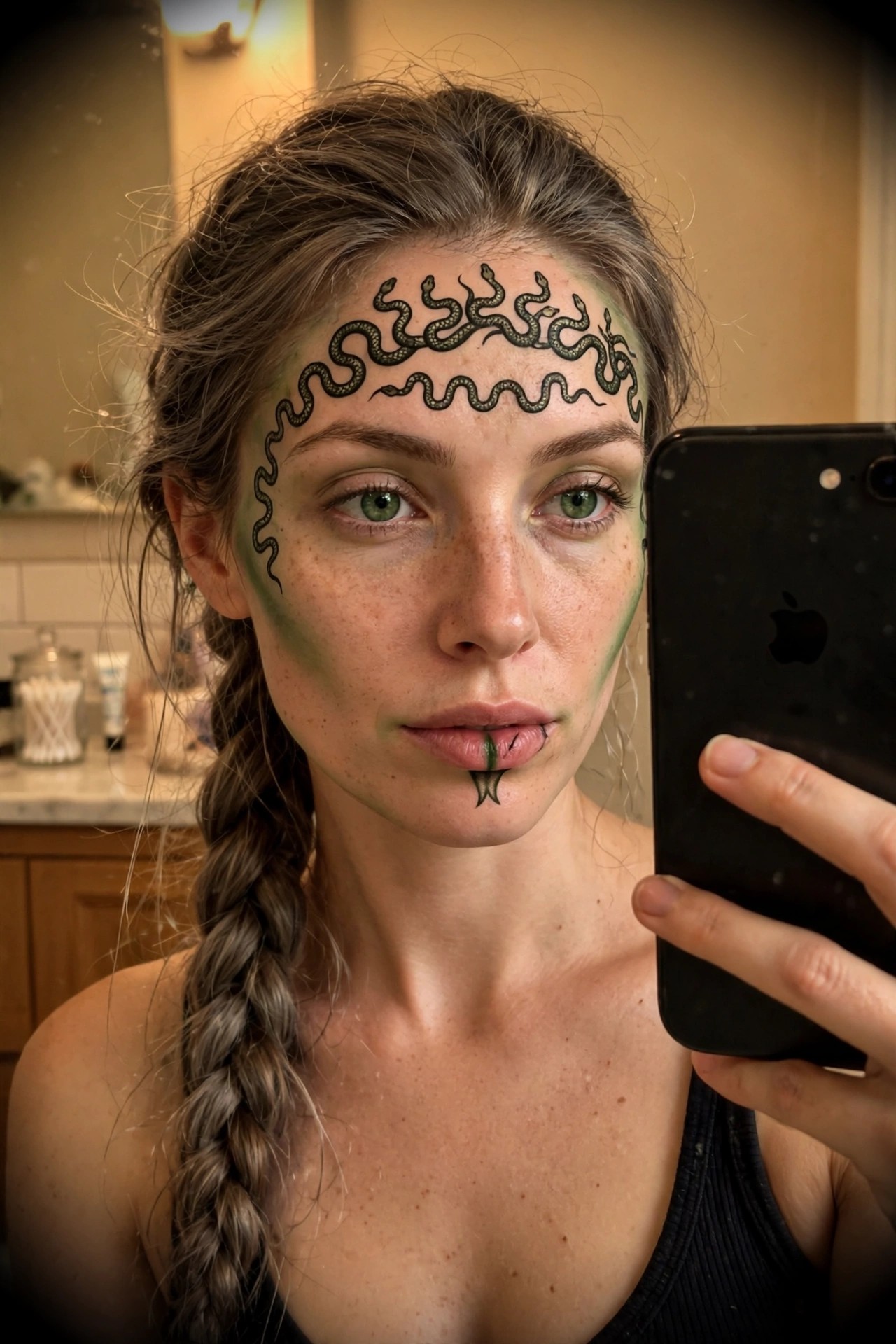 Close up of a woman with a black snake design across her forehead and green face paint on the sides, plus a small forked snake detail on her chin.