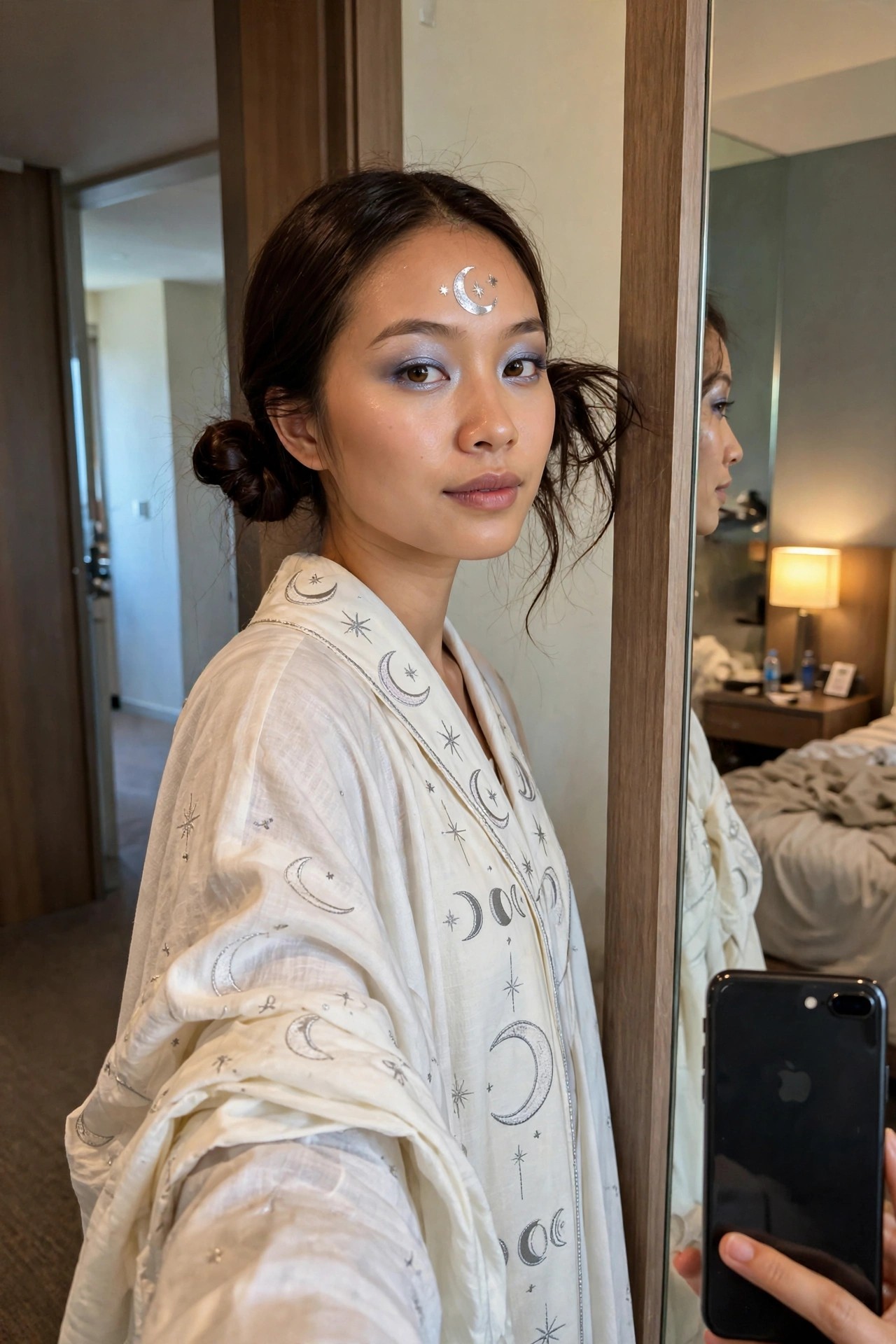 Woman wearing a white celestial robe printed with moons and stars, dark hair in a bun, and small moon and star face jewels on her forehead.
