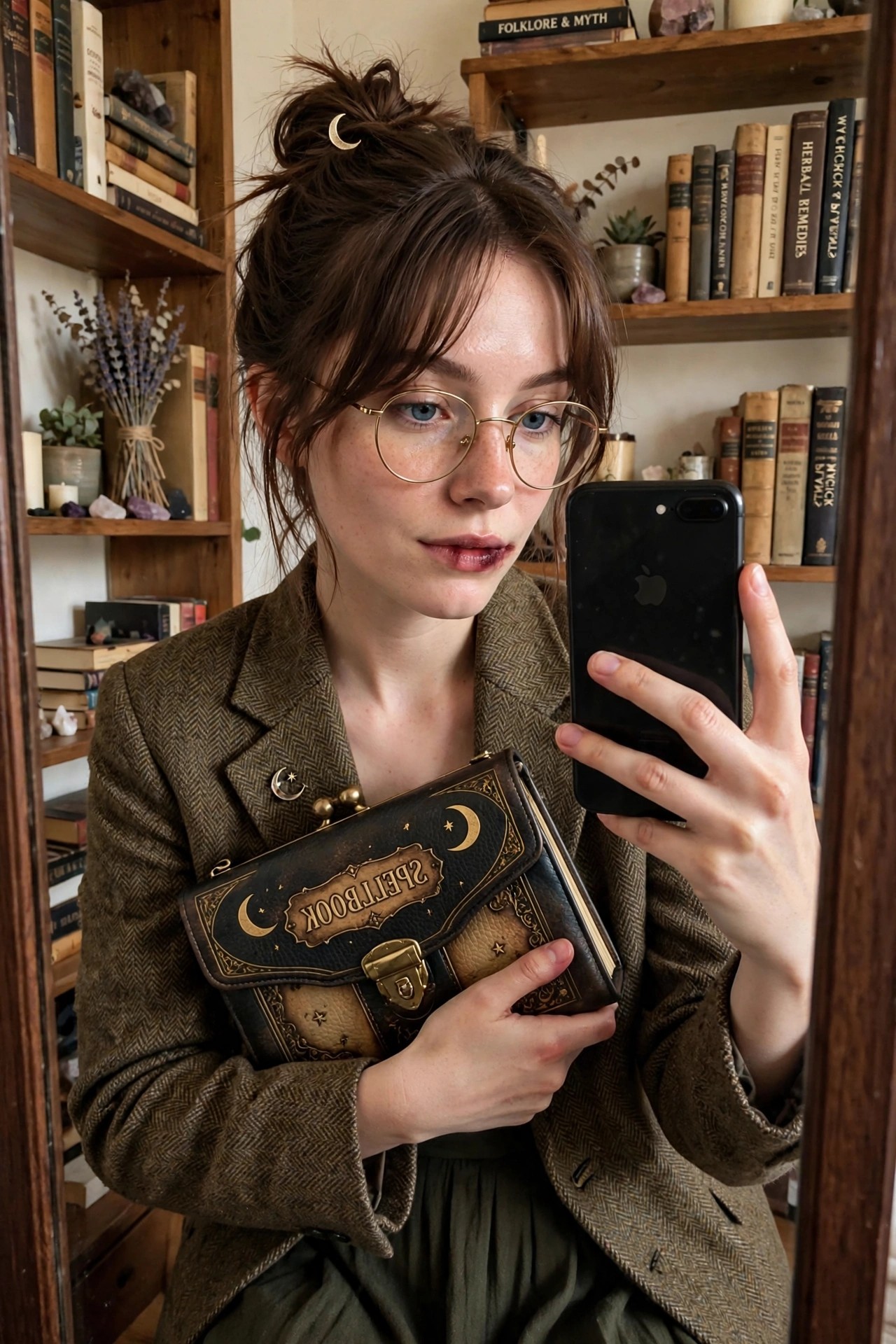 Woman with brunette hair in a messy updo wearing a moon clip and round glasses, holding a spellbook bag while wearing a tweed jacket with a moon pin.
