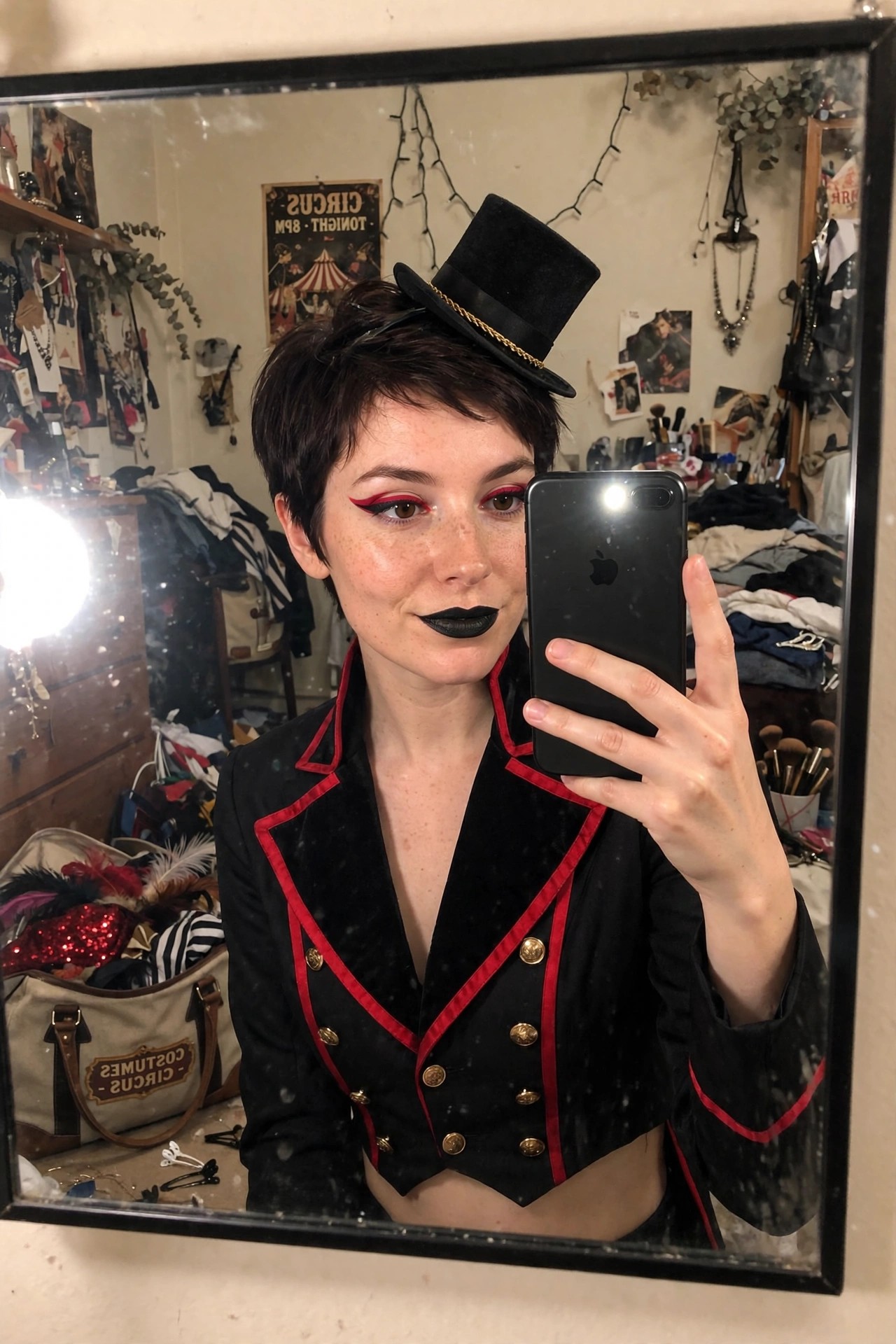 Woman wearing a black velvet ringmaster jacket with red piping and gold buttons paired with a small black top hat and dramatic red and black eye makeup.