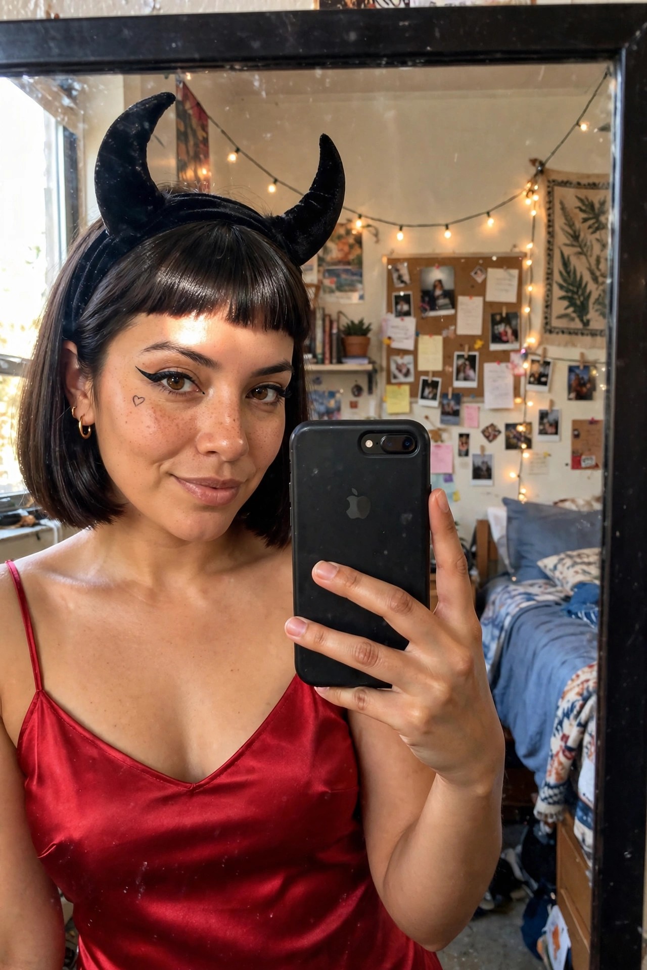 Woman with short brown bob wearing black velvet devil horns and red satin top taking a mirror selfie with winged eyeliner and heart stamp on cheek.