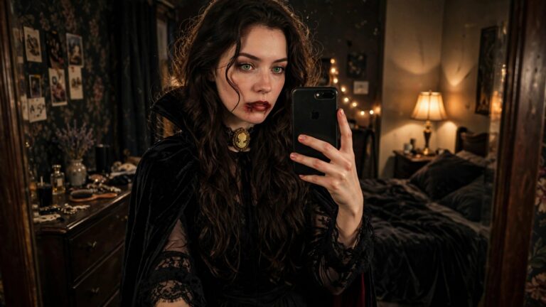 23 Stunning Halloween Costume Ideas That Highlight Brunette Hair Woman wearing a black velvet Victorian style dress with lace sleeves and high collar taking a mirror selfie, long wavy brunette hair, dark red lipstick with smudge, cameo choker necklace.