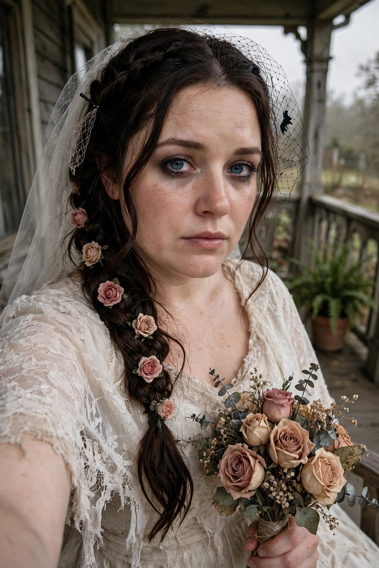 Woman wearing a white lace dress and veil with a long brunette braid decorated with small roses, holding a bouquet of dried roses, dark smoky eye makeup visible.