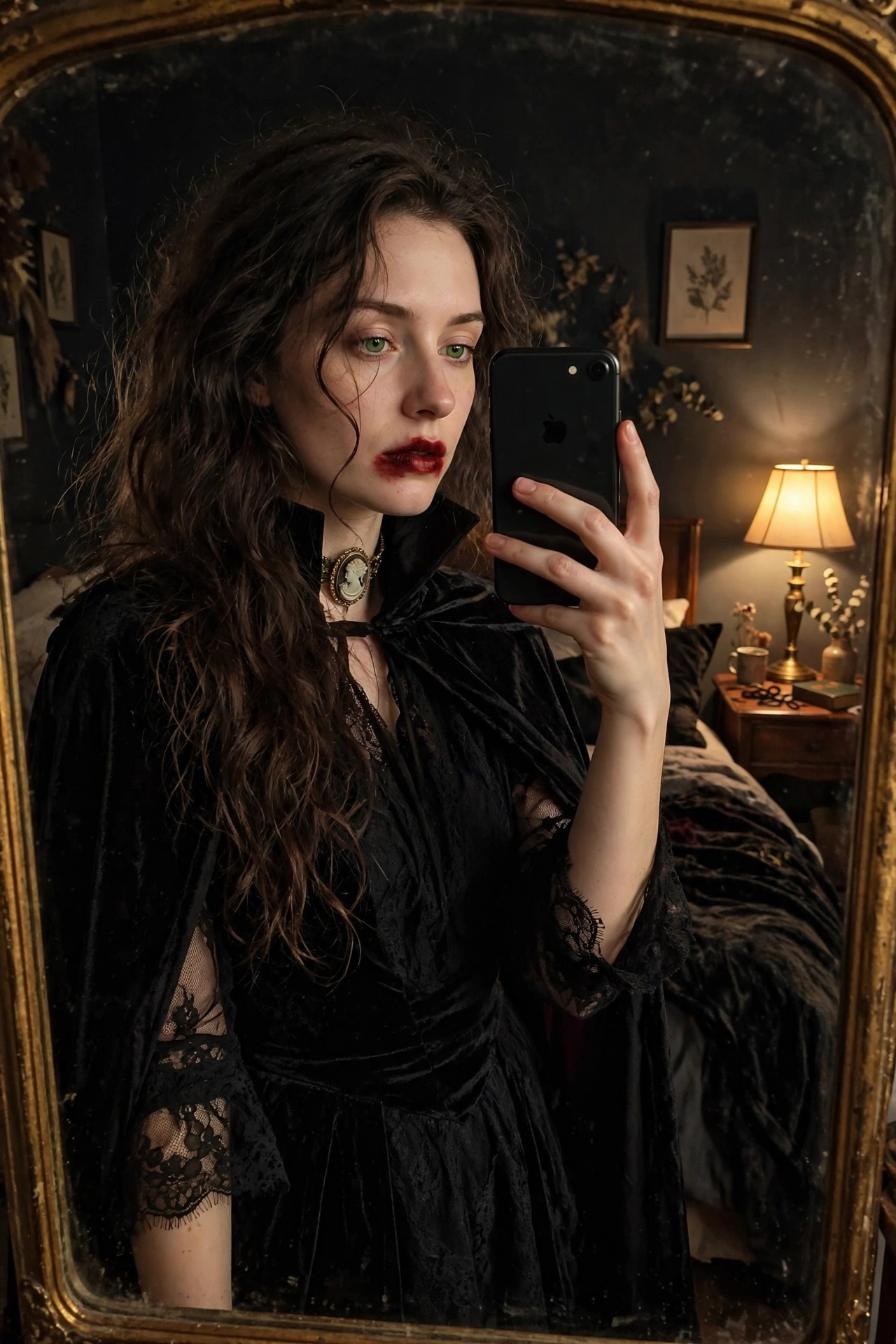 Woman wearing a black velvet Victorian style dress with lace sleeves and high collar taking a mirror selfie, long wavy brunette hair, dark red lipstick with smudge, cameo choker necklace.