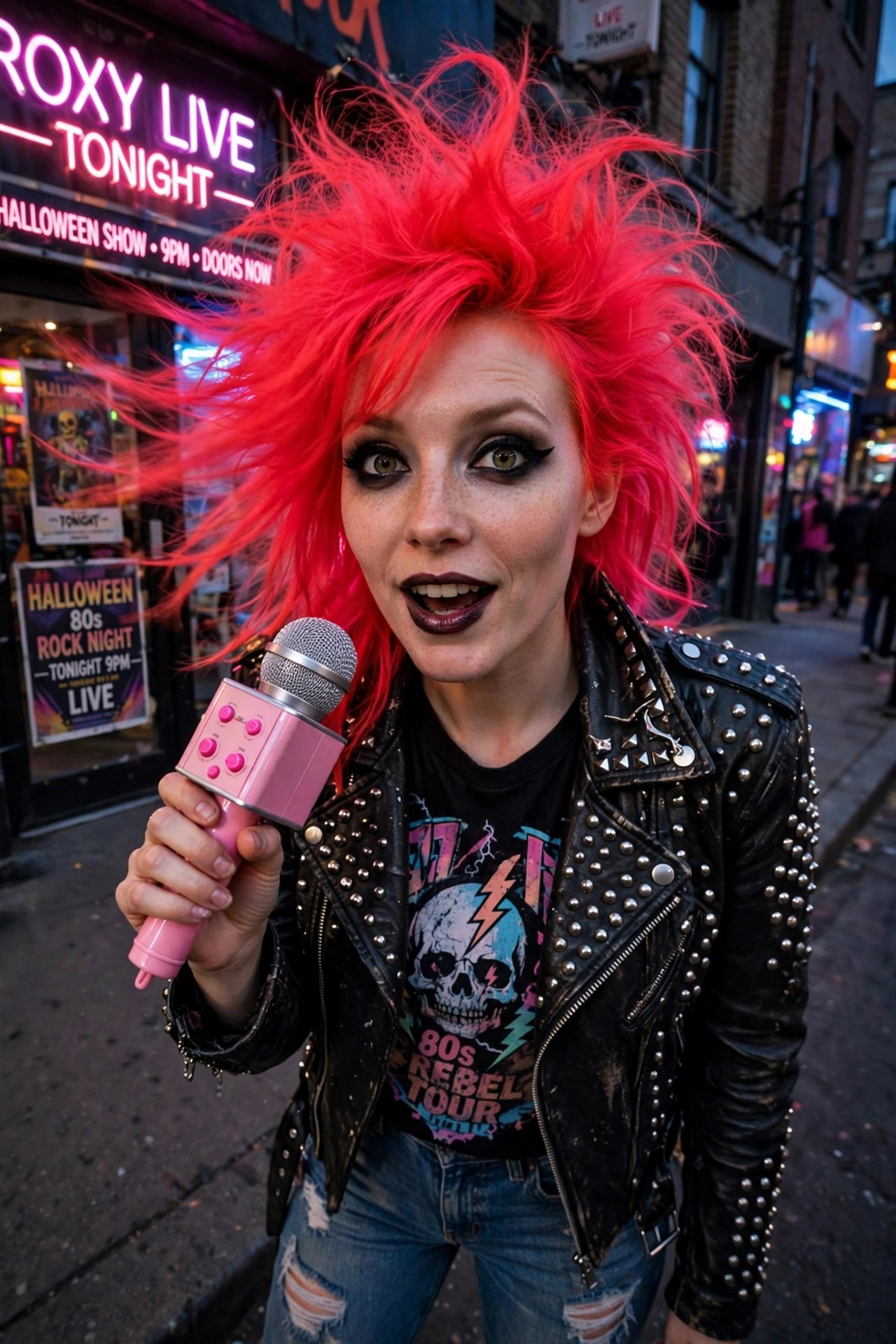 Woman wearing studded black leather jacket over skull graphic tee with ripped jeans, holding pink microphone, bright spiky red hair styled in messy punk fashion.