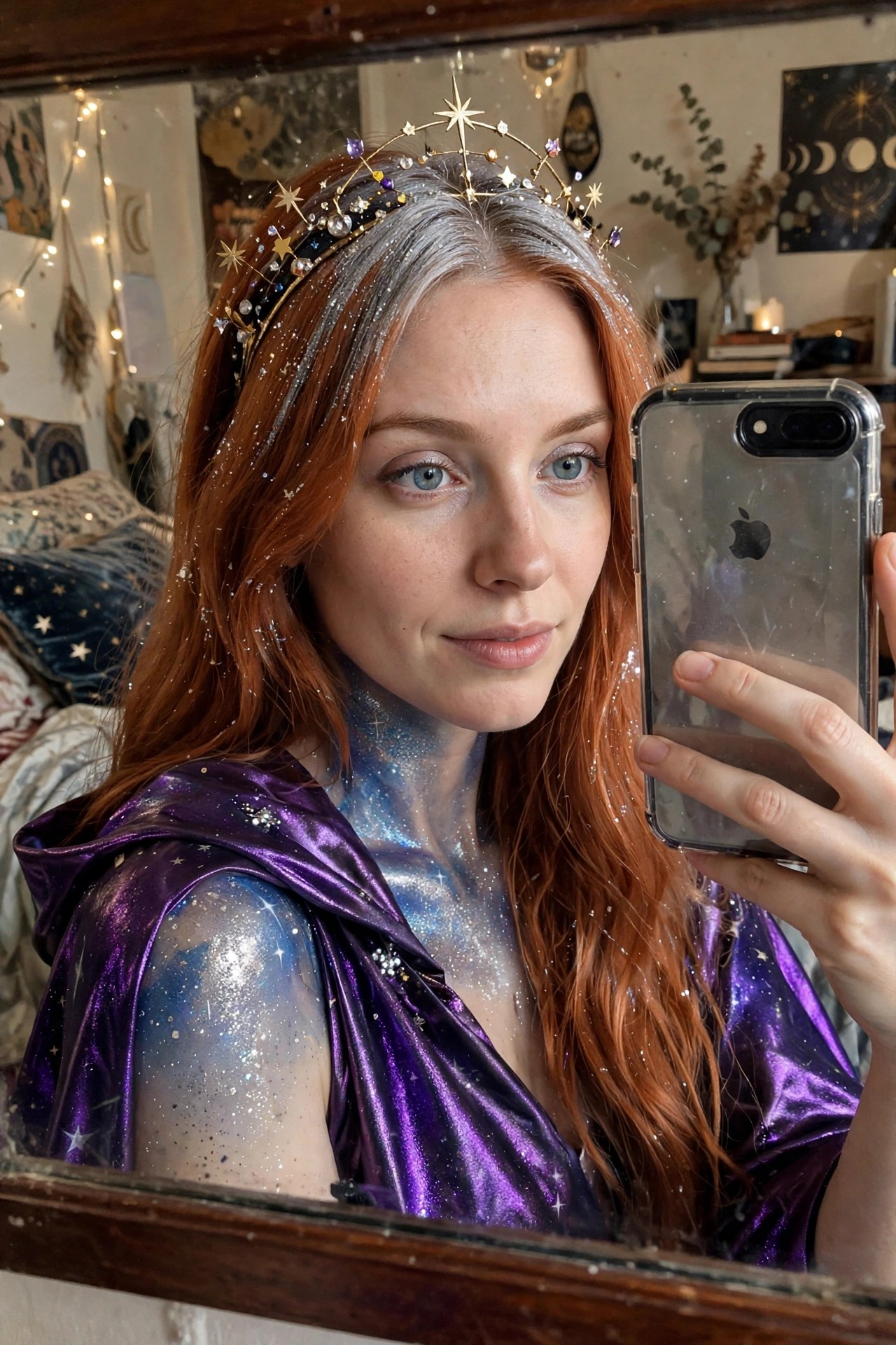 Woman with long red hair wearing a star crown and purple metallic hooded cape with galaxy body paint on neck and shoulders.