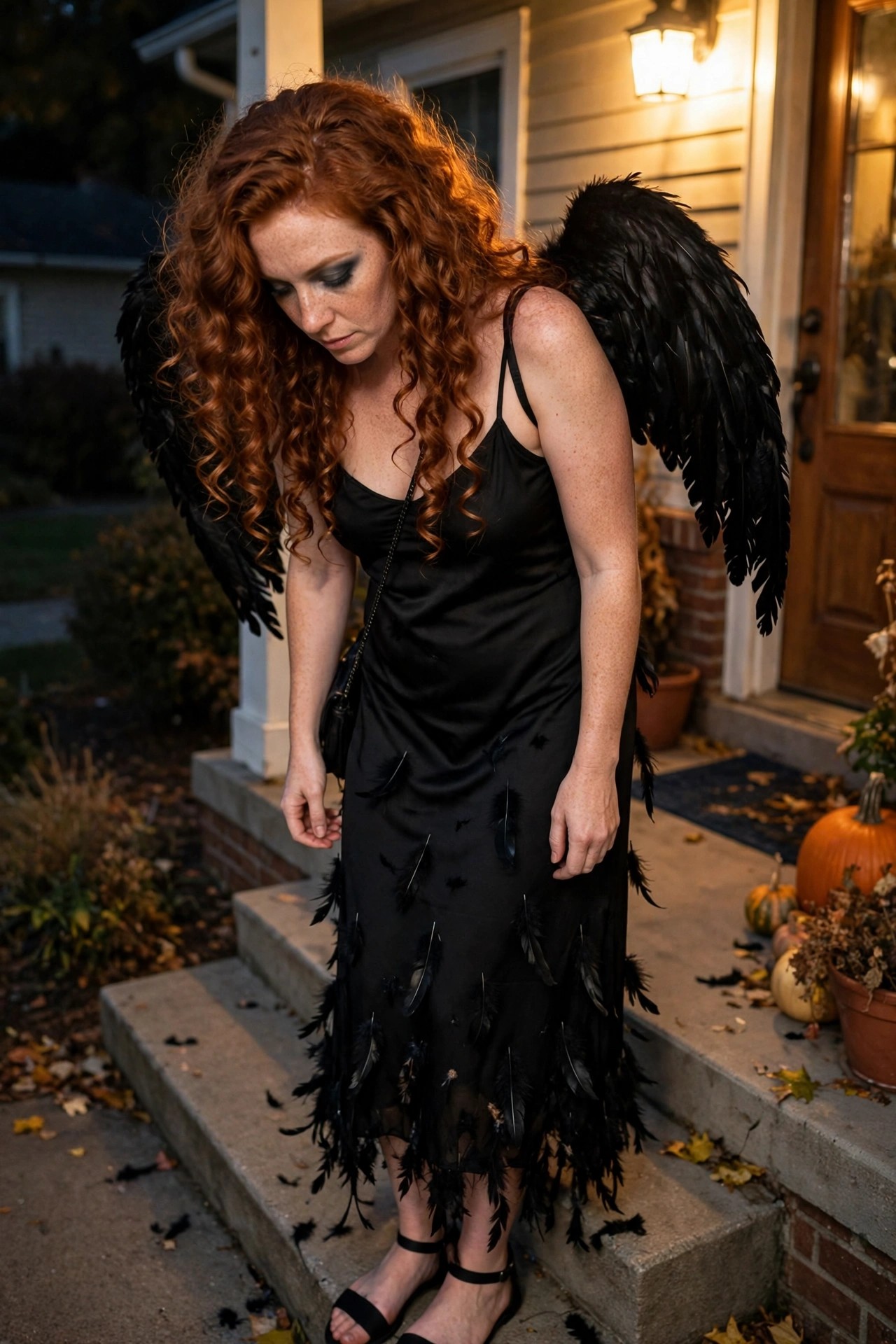 Woman with long curly red hair wearing a black satin dress covered in black feathers and large black feathered wings as a fallen angel costume.