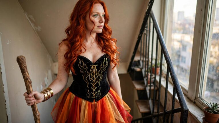 23 Stunning Halloween Costume Ideas That Highlight Red Hair Woman wearing a black velvet corset with gold flame embroidery and an orange red tulle skirt while holding a wooden staff her long wavy red hair visible from the side.