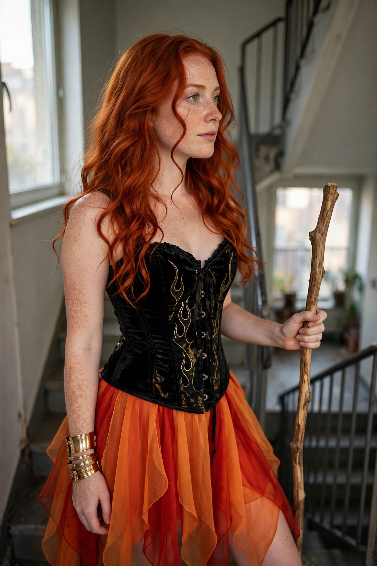 Woman wearing a black velvet corset with gold flame embroidery and an orange red tulle skirt while holding a wooden staff her long wavy red hair visible from the side.