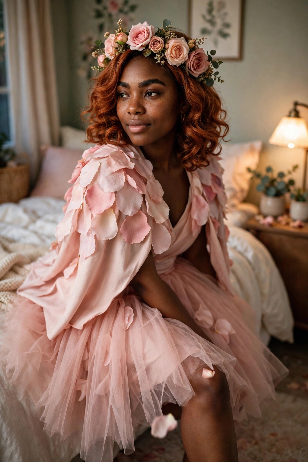 Woman wearing a pink petal shawl and tulle skirt with a rose flower crown over red curly hair in a flower fairy costume.