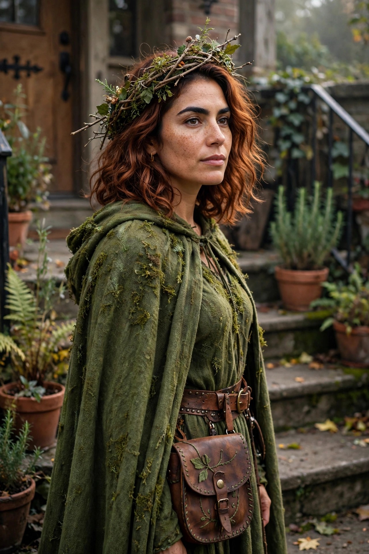 Woman with red wavy hair wearing a moss-covered green hooded cloak, brown leather belt and pouch, and a crown of twigs and leaves.