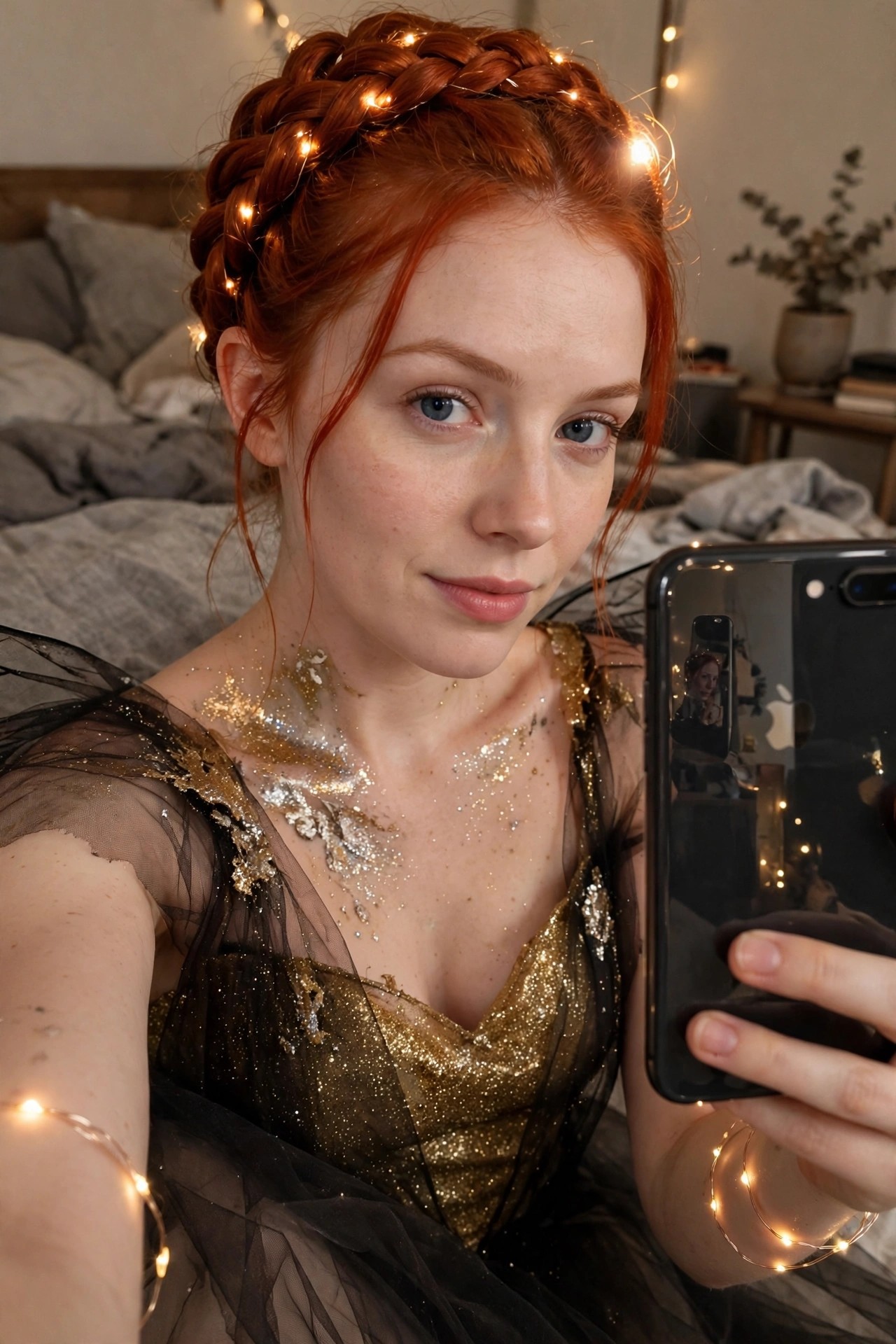 Woman with bright red hair in a lit braid wearing a black and gold glitter fairy dress with tulle layers.