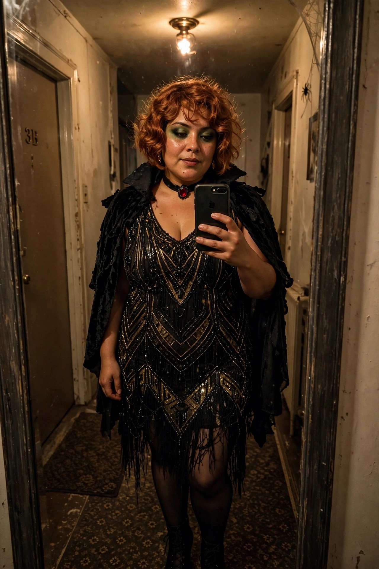 Woman wearing a black beaded flapper dress with long fringe and a black velvet cape, short red curly hair, green eyeshadow, and a red gem choker while taking a mirror selfie in a hallway.