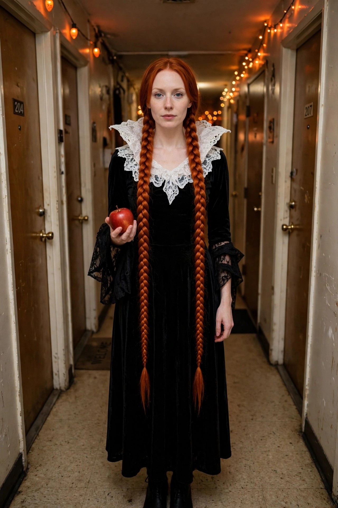 Woman with long red hair in two braids wearing a black velvet dress with white lace collar and cuffs while holding a red apple.