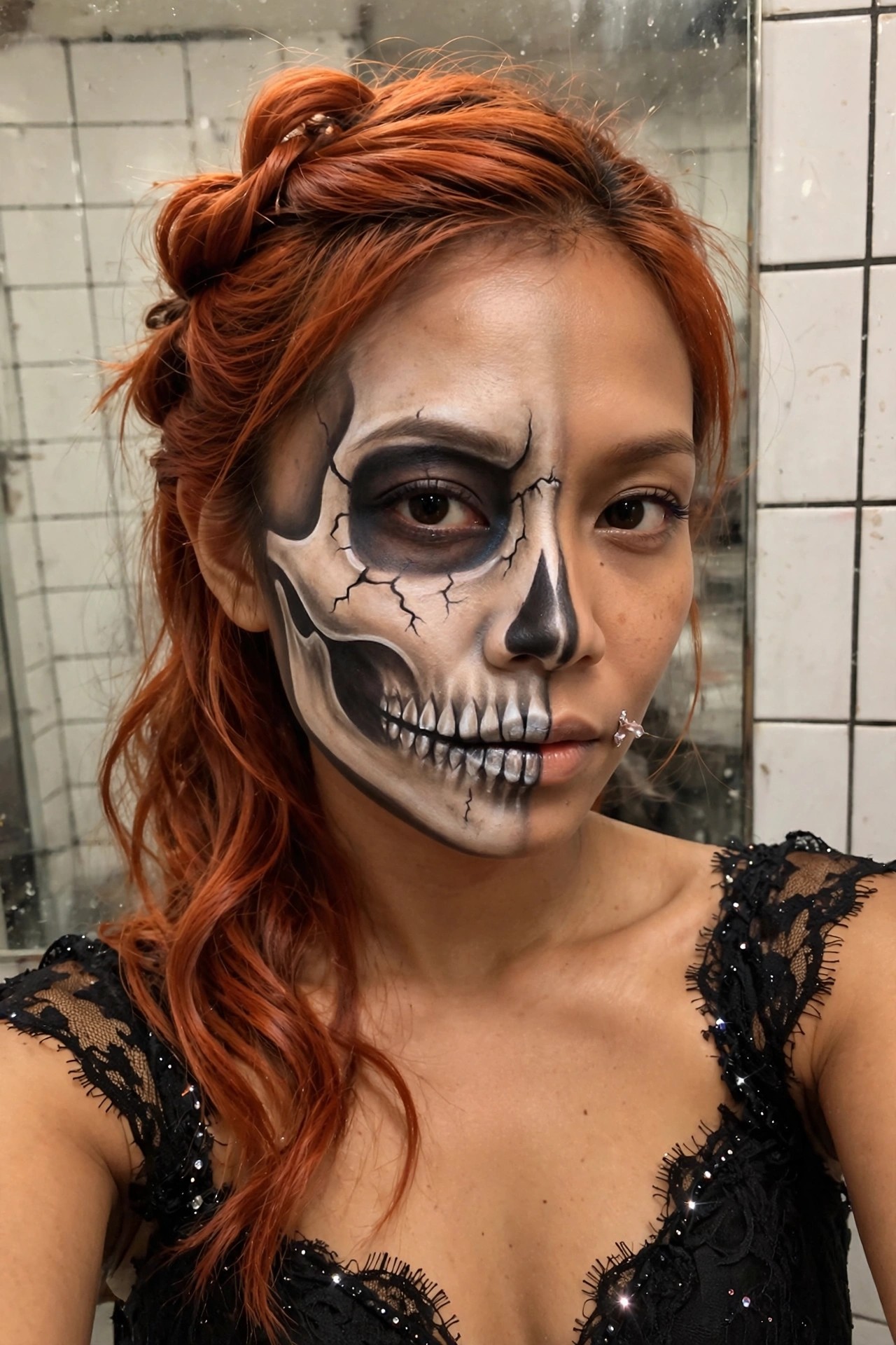 Woman with bright red hair in an updo wearing half skull face paint on the left side of her face and a black lace top.