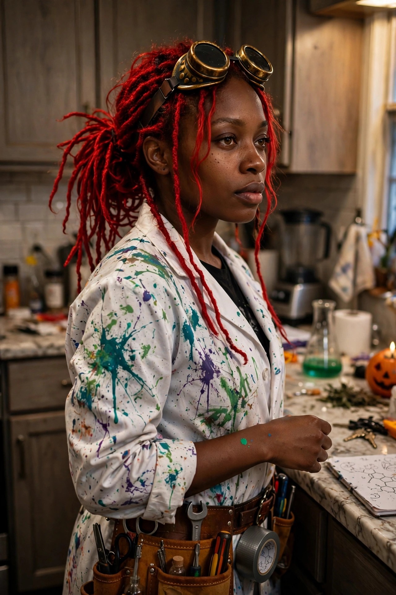 Woman with bright red dreadlocks wearing goggles on her head, a paint splattered lab coat, and a tool belt with wrenches and tape.