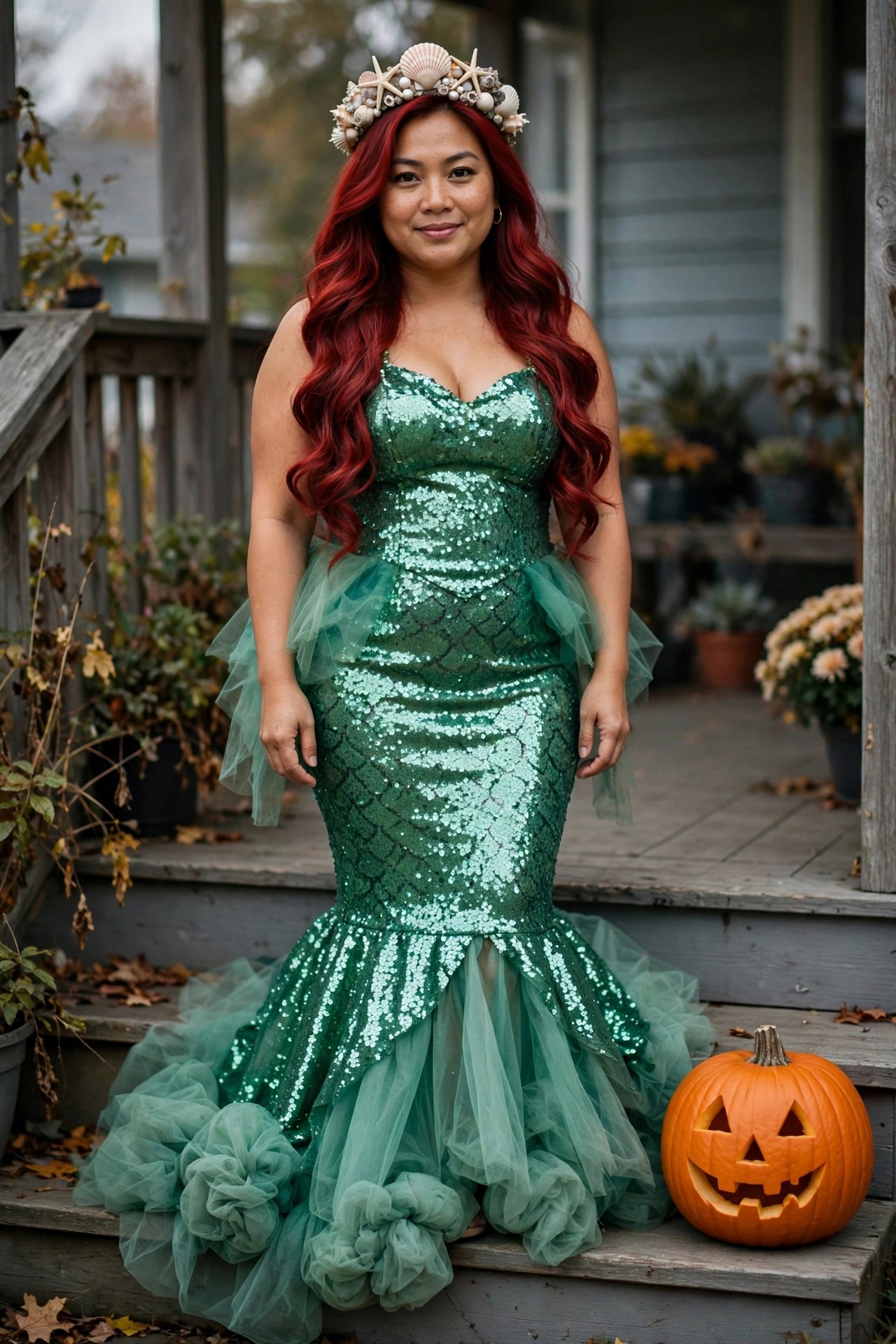 Woman wearing a green sequined mermaid dress with tulle layers and a seashell crown, long wavy red hair visible.