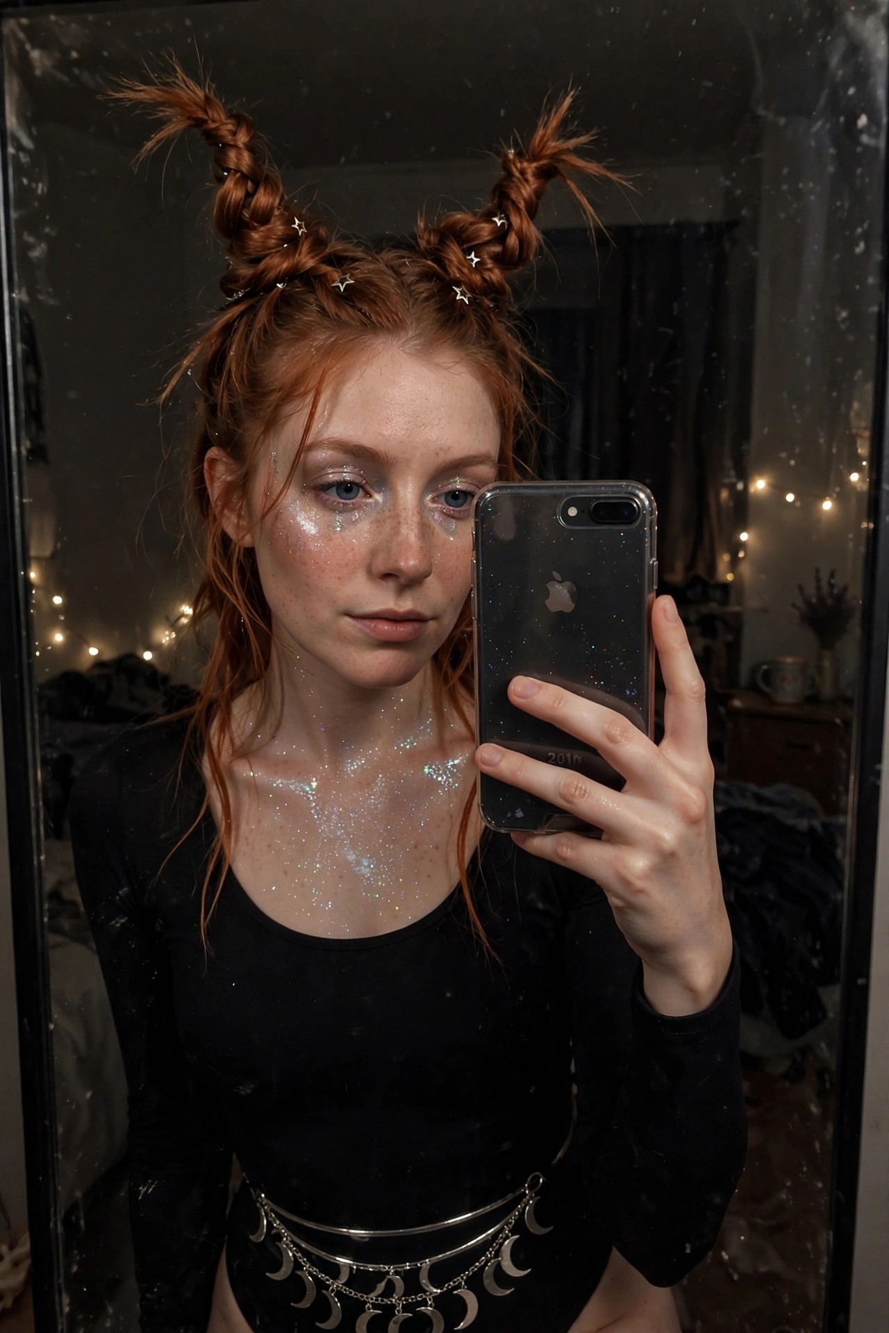 Woman with red hair in two high braids decorated with star clips wearing a black bodysuit and silver moon phase belt with glitter on face and chest.
