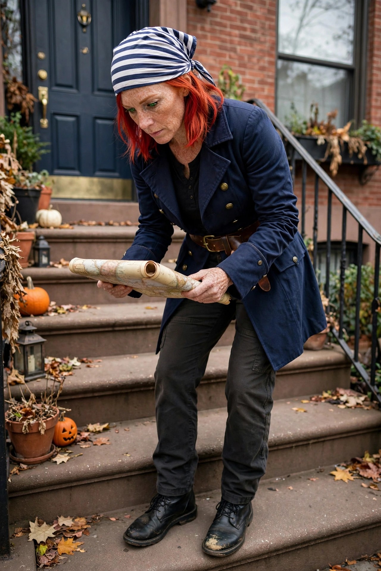 Woman with bright red hair wearing a striped bandana and navy double-breasted jacket with gold buttons while holding a rolled map in a pirate captain costume.