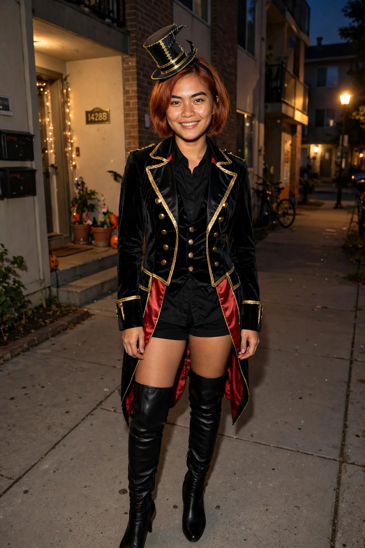 Woman wearing a black velvet ringmaster style tailcoat with gold trim and red satin lining, black shirt, black shorts, black thigh high boots, and a small black top hat, with short red hair.