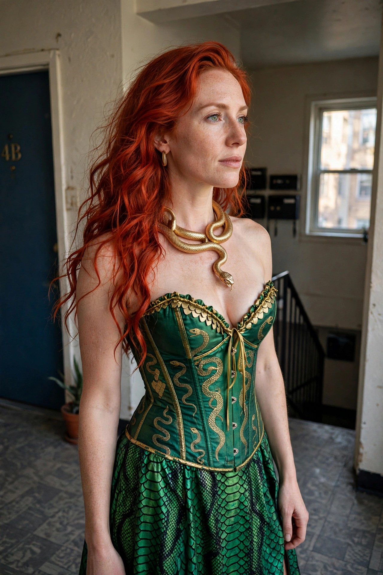 Woman with bright red hair wearing a green corset with gold snake embroidery and a matching scale skirt plus a large gold snake necklace.