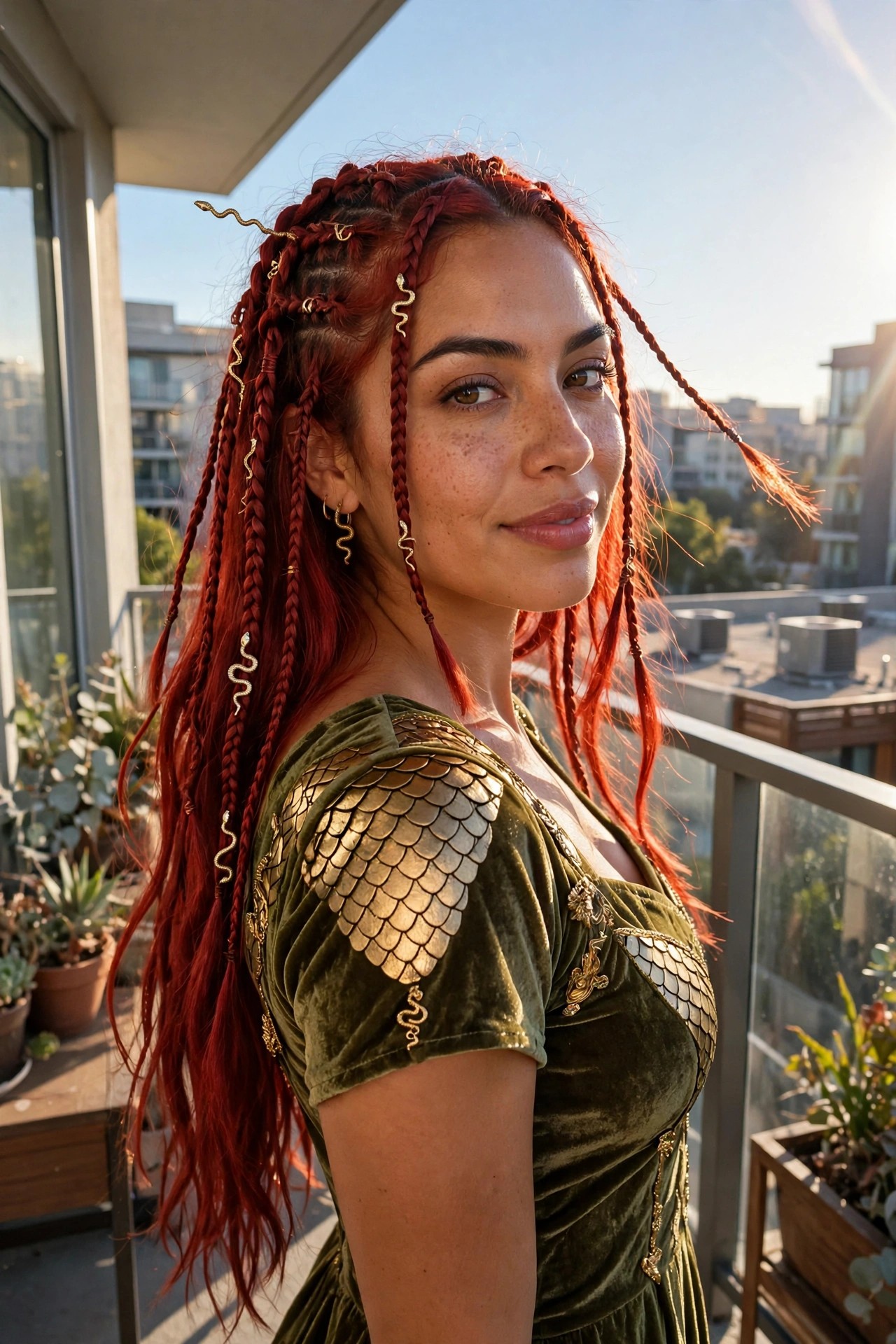 Woman with long red braids wearing a green velvet dress with gold scale shoulder pieces and snake accessories in her hair.