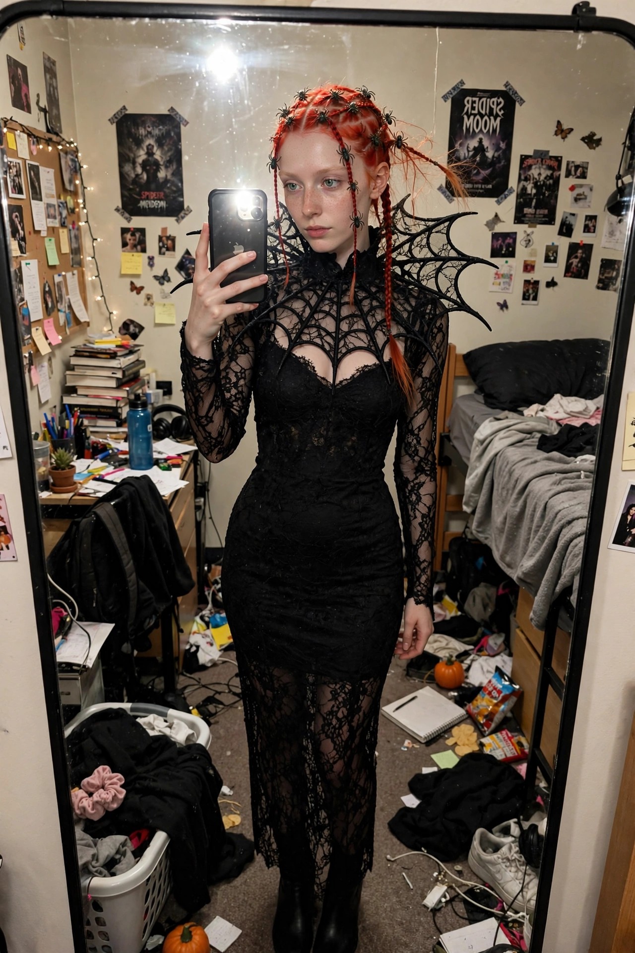 Woman wearing a black lace dress with a large spiderweb shoulder piece and red braided pigtails decorated with spider clips.