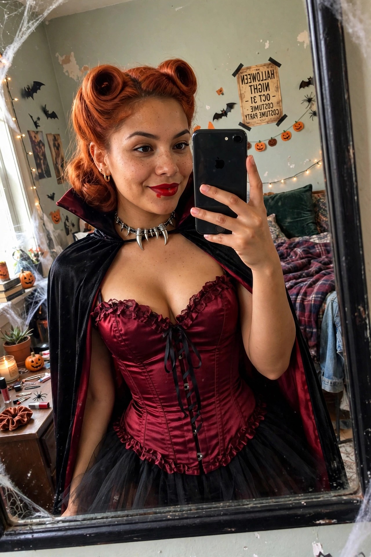 Woman wearing a red corset, black velvet cape, and black tulle skirt with red hair in victory rolls and a spiked choker.