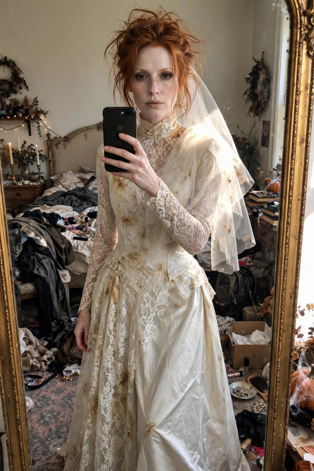 Woman with bright red hair in a messy updo wearing a stained white lace Victorian style wedding dress and veil taking a mirror selfie.