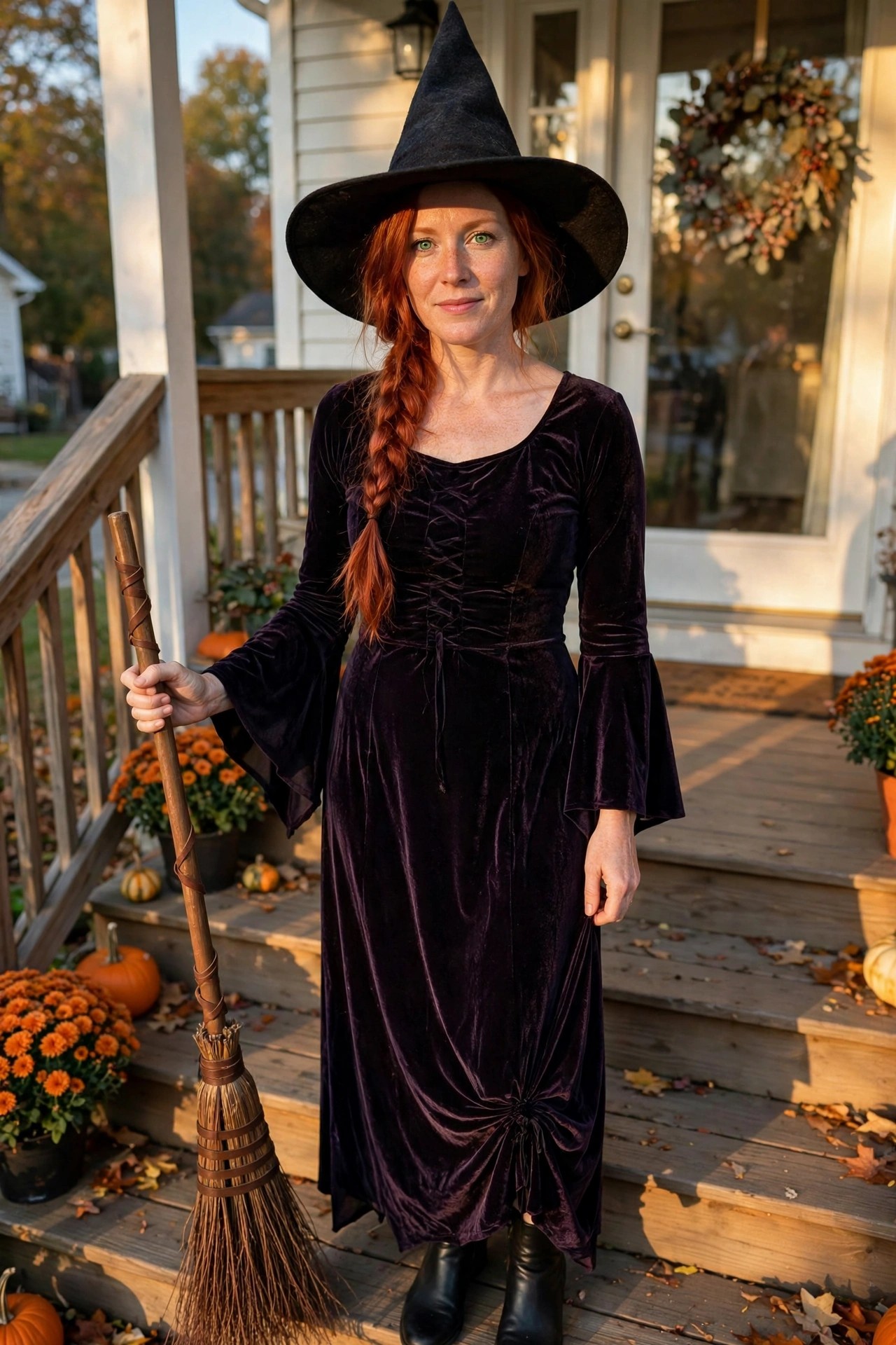 Woman wearing a pointed black witch hat and long purple velvet dress while holding a broom, with red hair in a side braid.