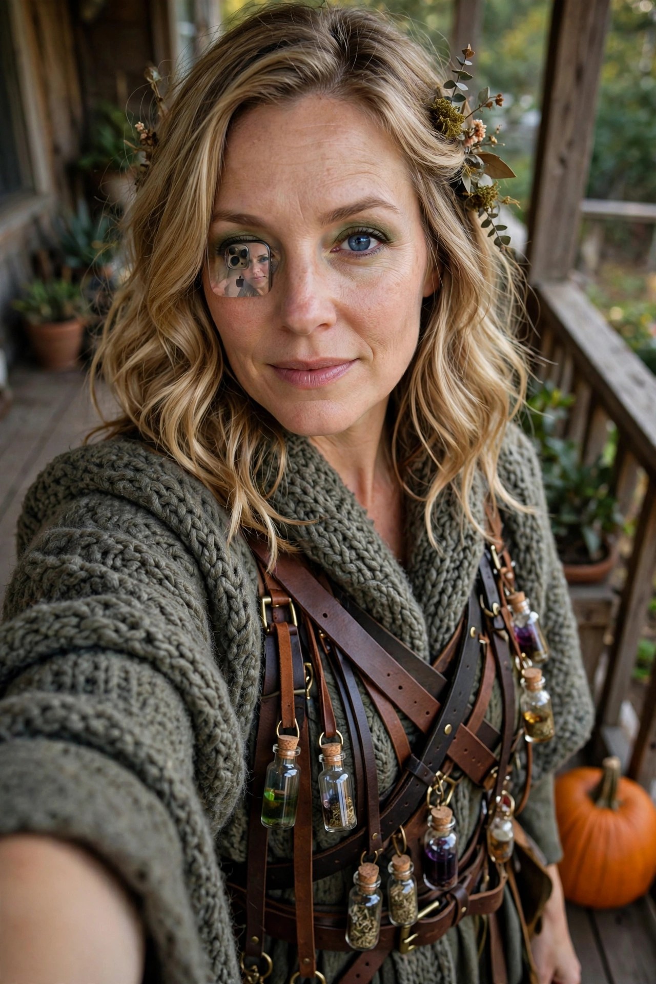 Woman wearing an apothecary witch costume with a brown leather harness holding multiple small glass potion bottles, layered over a green knit cardigan, and a dried foliage crown in her blonde hair.
