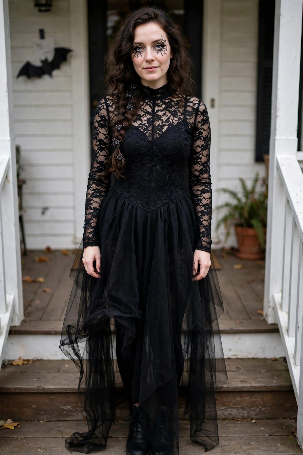 Woman wearing a black lace long sleeve top with corset bodice and high low black tulle skirt, spider clips in a side braid, and spiderweb face paint around the eyes.
