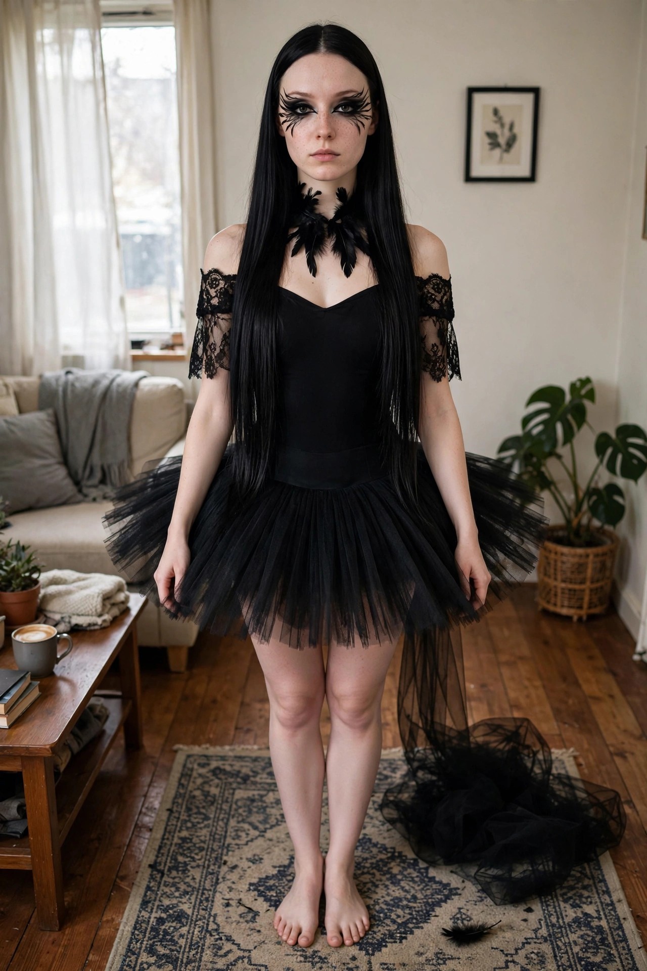 Woman wearing a black leotard with lace sleeves and a layered black tutu skirt paired with a feathered choker and dramatic feather shaped eye makeup for a Black Swan Halloween costume.