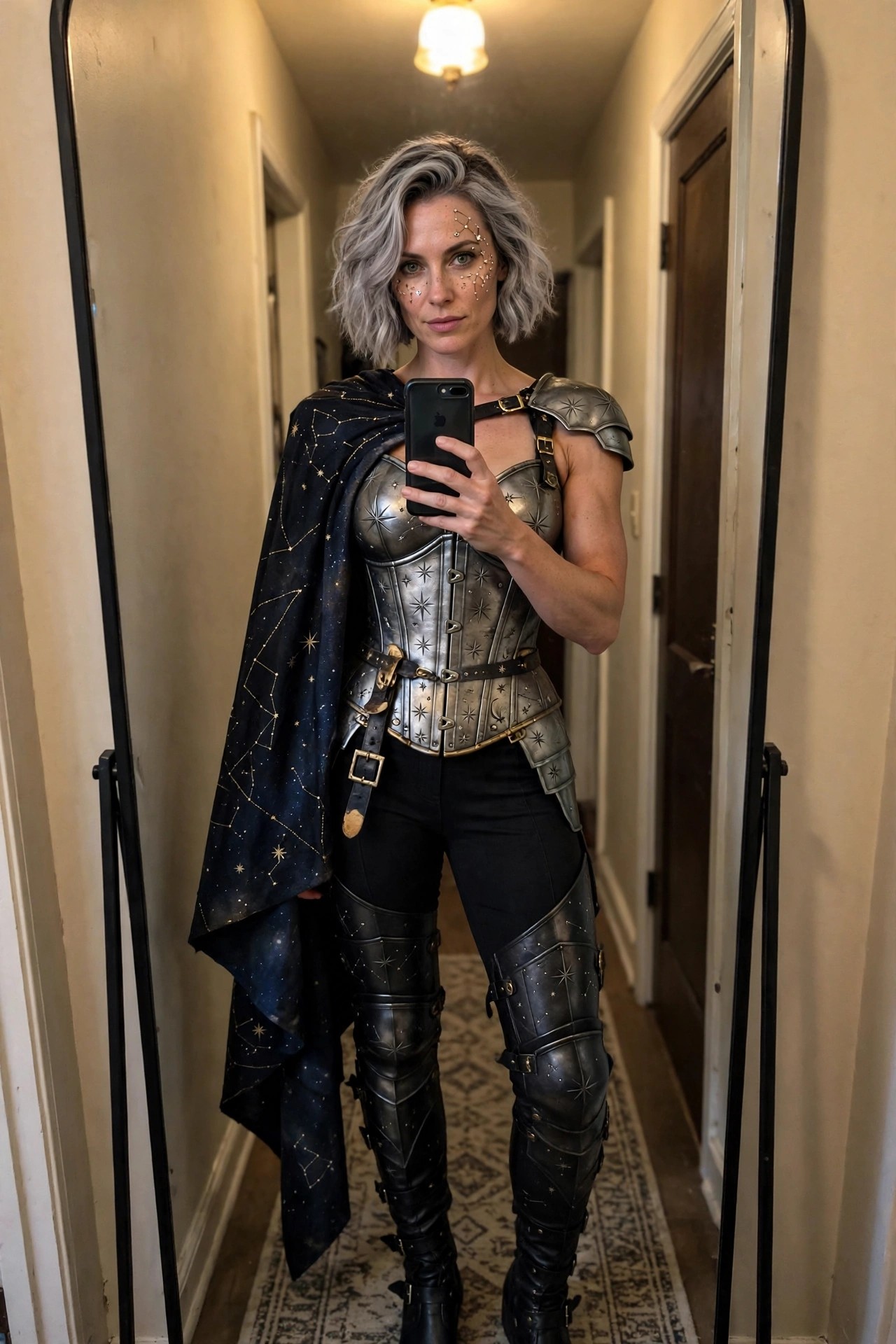 Woman wearing metallic celestial armor costume with starry corset top, matching leg guards, and constellation-patterned cape.