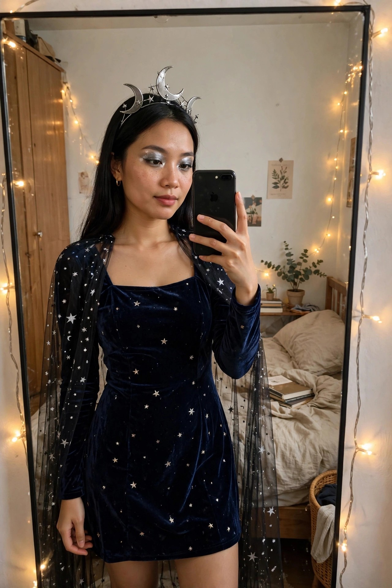 Woman wearing a silver crescent moon and stars crown with a navy blue velvet dress covered in white stars and sheer star patterned sleeves.