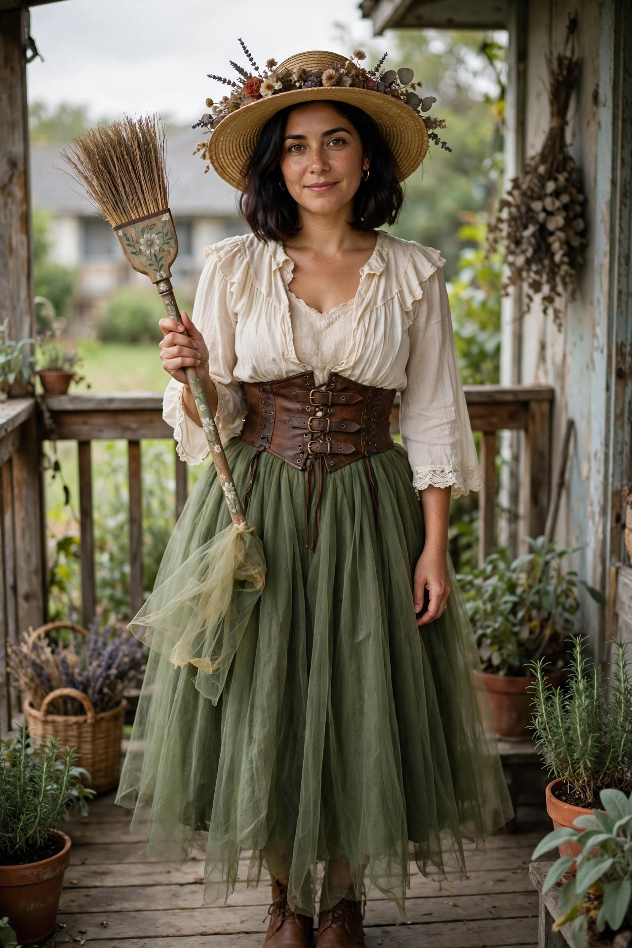 Woman wearing a cottage witch costume with a floral straw hat, cream blouse, brown corset, green tulle skirt, and holding a decorated broom.