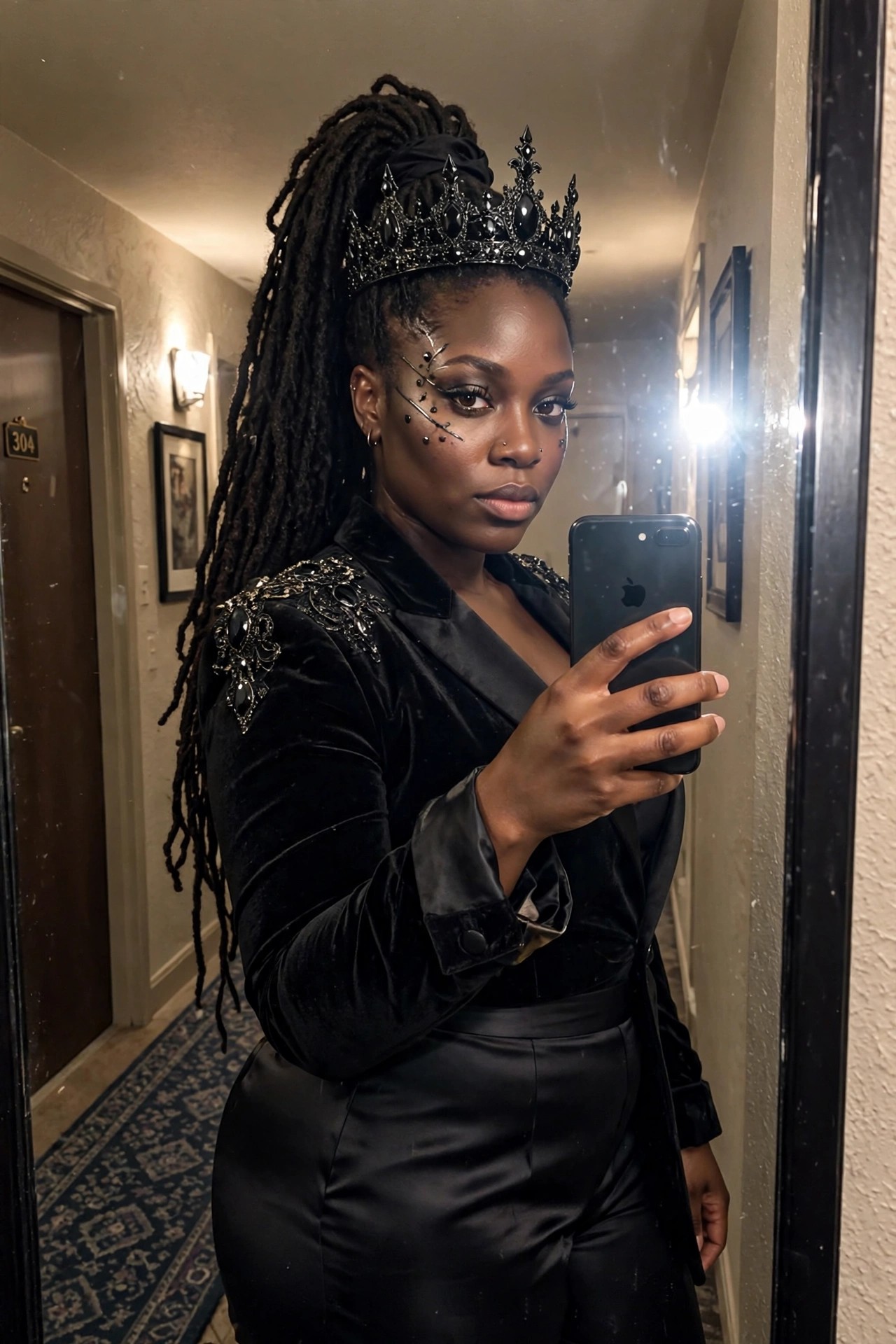 Woman wearing a black crown with jewels, black velvet jacket with embellished shoulders, black satin pants, and face jewels in a mirror selfie.