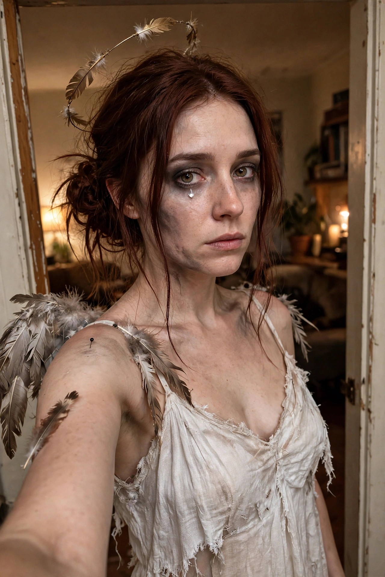 Woman wearing a tattered white dress with large feather angel wings pinned to her shoulders and a gold feather halo, showing a fallen angel Halloween costume with dark eye makeup and a painted tear.