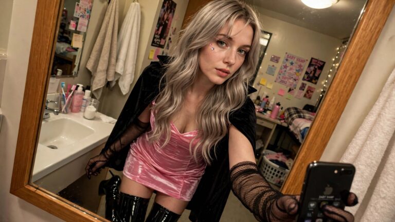 23 Trendy Halloween Costume Ideas for Women Who Love to Stay Current Woman wearing a short pink velvet dress with capelet sleeves, black sheer gloves, and black patent boots, holding a phone in a mirror selfie with long silver hair and heart face stickers.